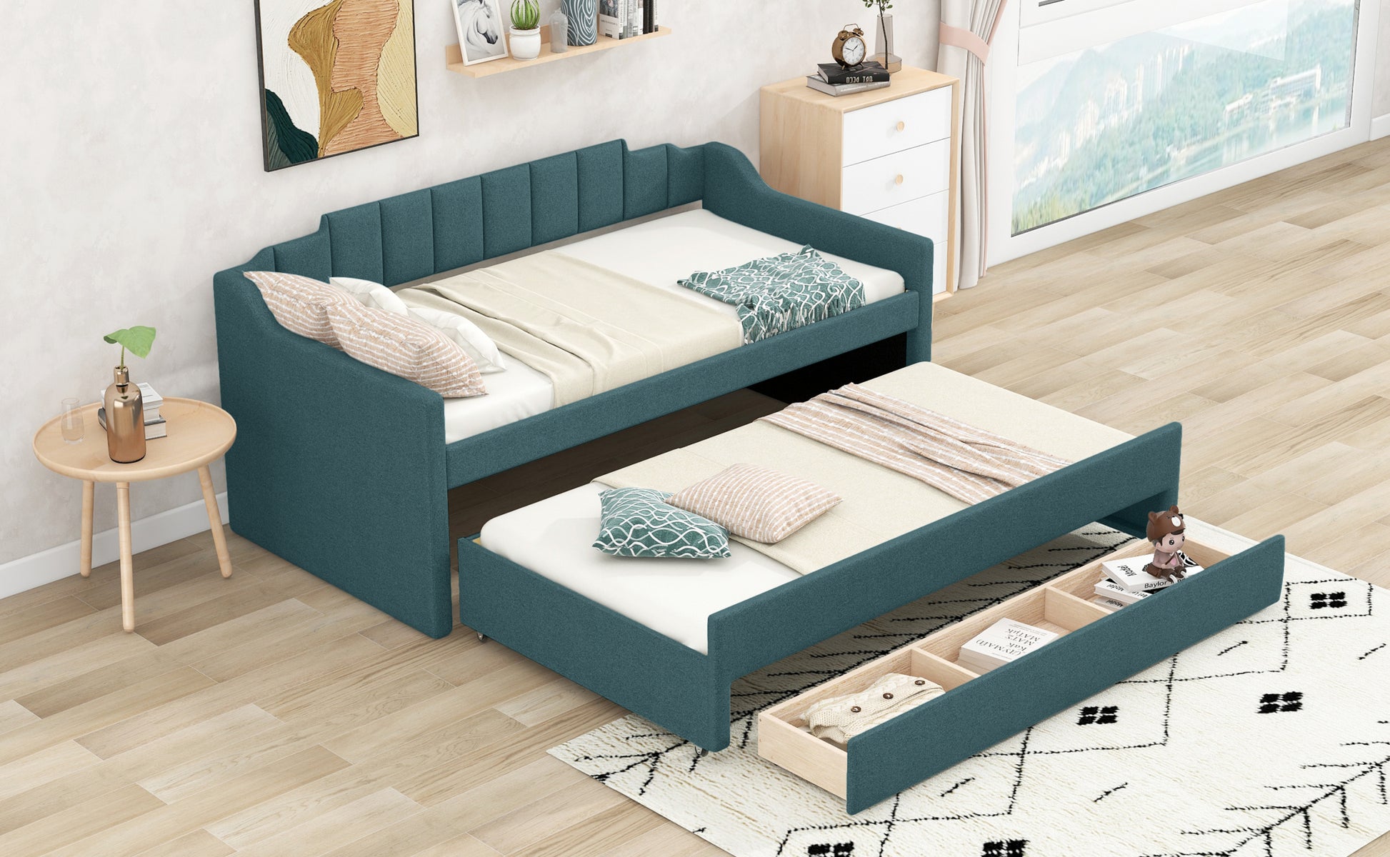 Twin Size Upholstered Daybed With Trundle And Three Drawers,Green Twin Green Linen