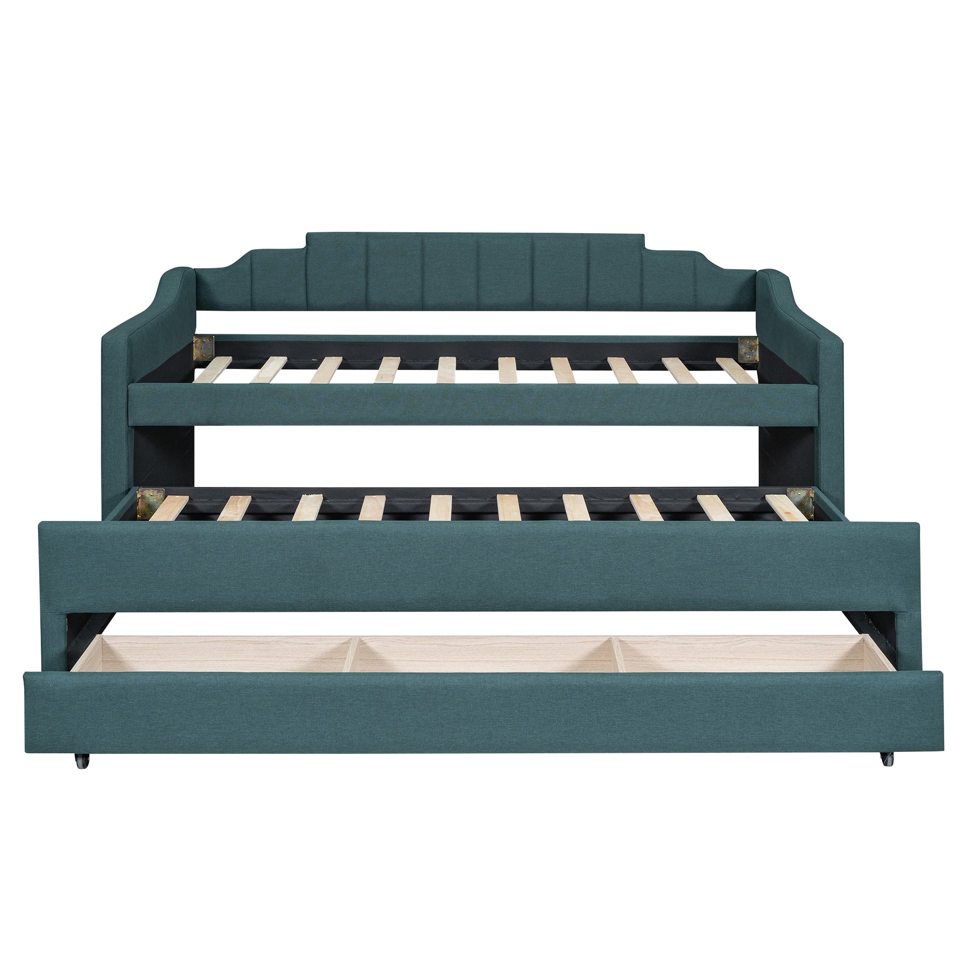 Twin Size Upholstered Daybed With Trundle And Three Drawers,Green Twin Green Linen