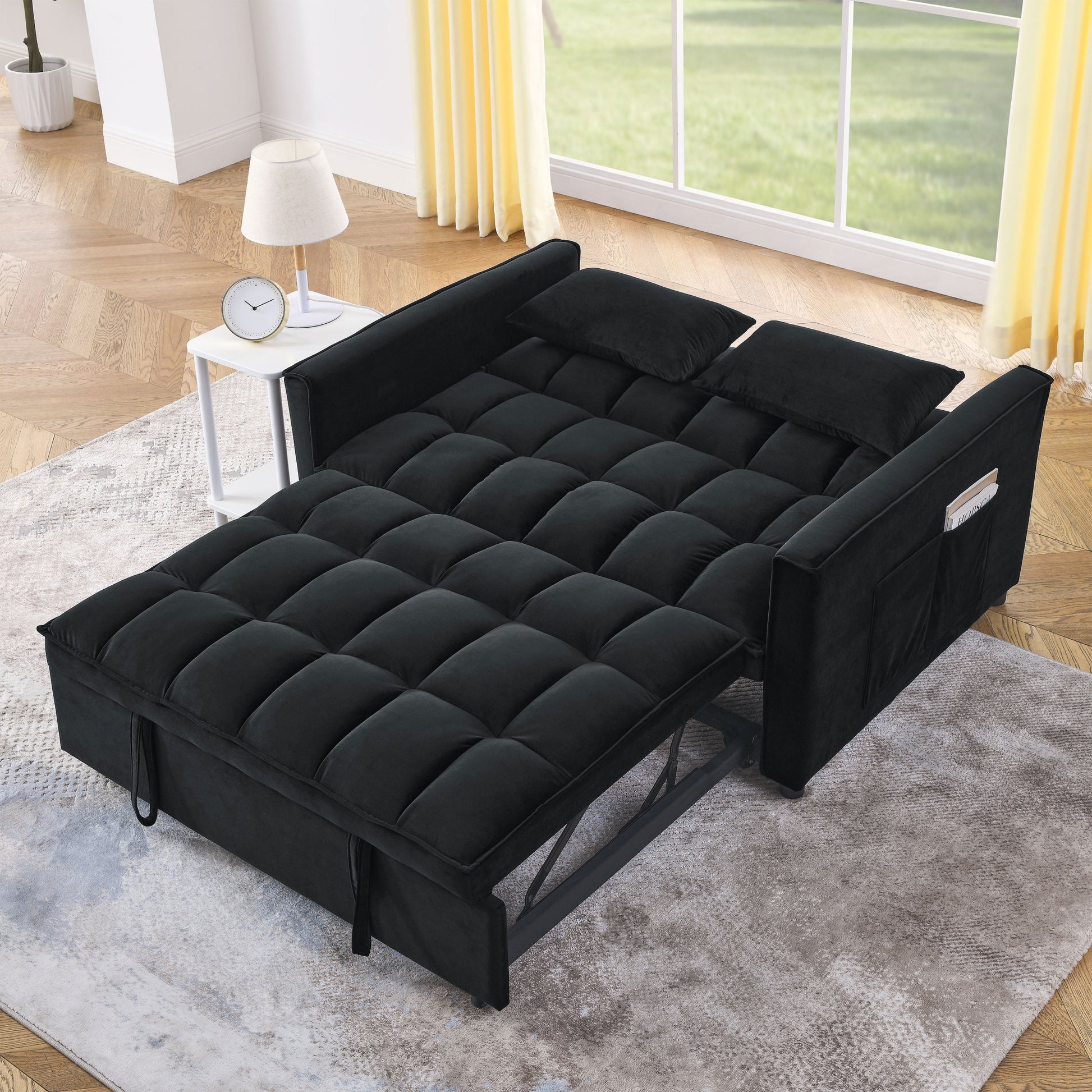 Sleeper Sofa, Convertible Sofa, Recliner, Bed, 3 In 1, 3 Position Adjustable Backrest, 2 Seater Sectional, Two Side Pockets, 2 Pillows For Living Room, Apartment, Etc., Velvet Black 54" Wide. Black Foam Velvet