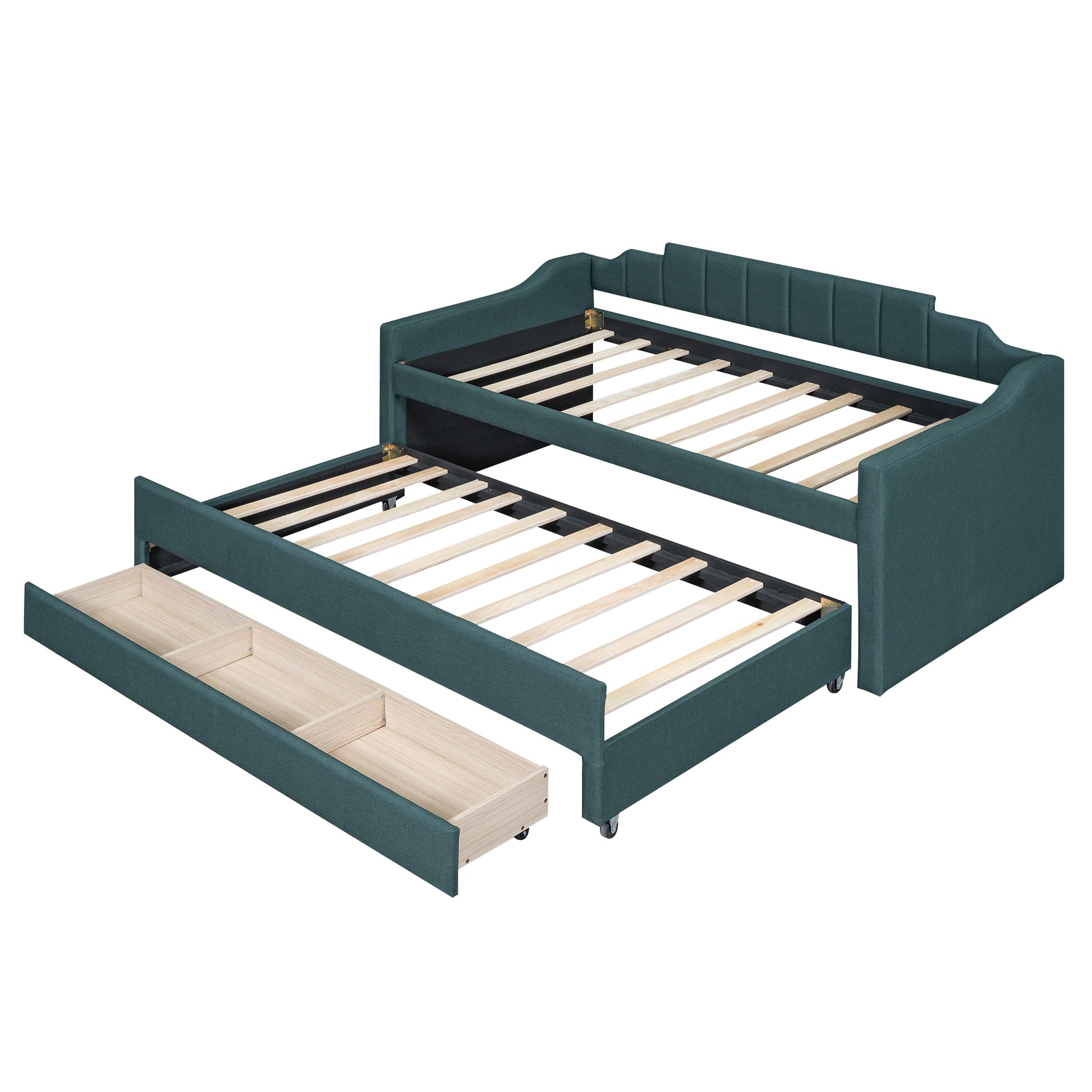 Twin Size Upholstered Daybed With Trundle And Three Drawers,Green Twin Green Linen