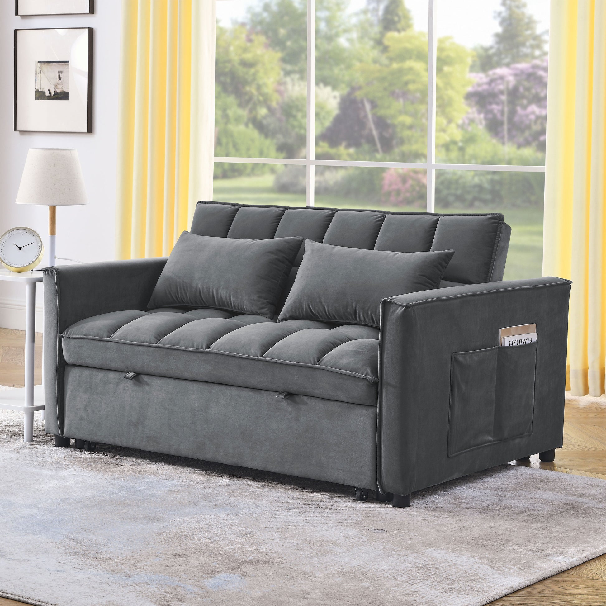 Sleeper Sofa, Convertible Sofa, Recliner, Bed, 3 In 1, 3 Position Adjustable Backrest, 2 Seater Sectional, Two Side Pockets, 2 Pillows For Living Room, Apartment, Etc., Velvet Beige 54" Wide. Grey Foam Velvet 2 Seat