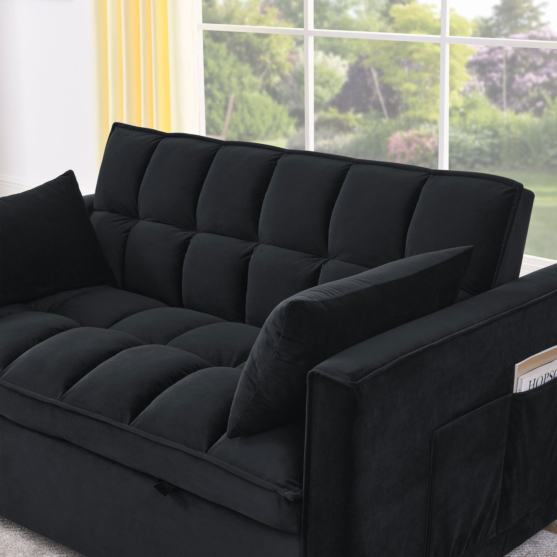 Sleeper Sofa, Convertible Sofa, Recliner, Bed, 3 In 1, 3 Position Adjustable Backrest, 2 Seater Sectional, Two Side Pockets, 2 Pillows For Living Room, Apartment, Etc., Velvet Black 54" Wide. Black Foam Velvet