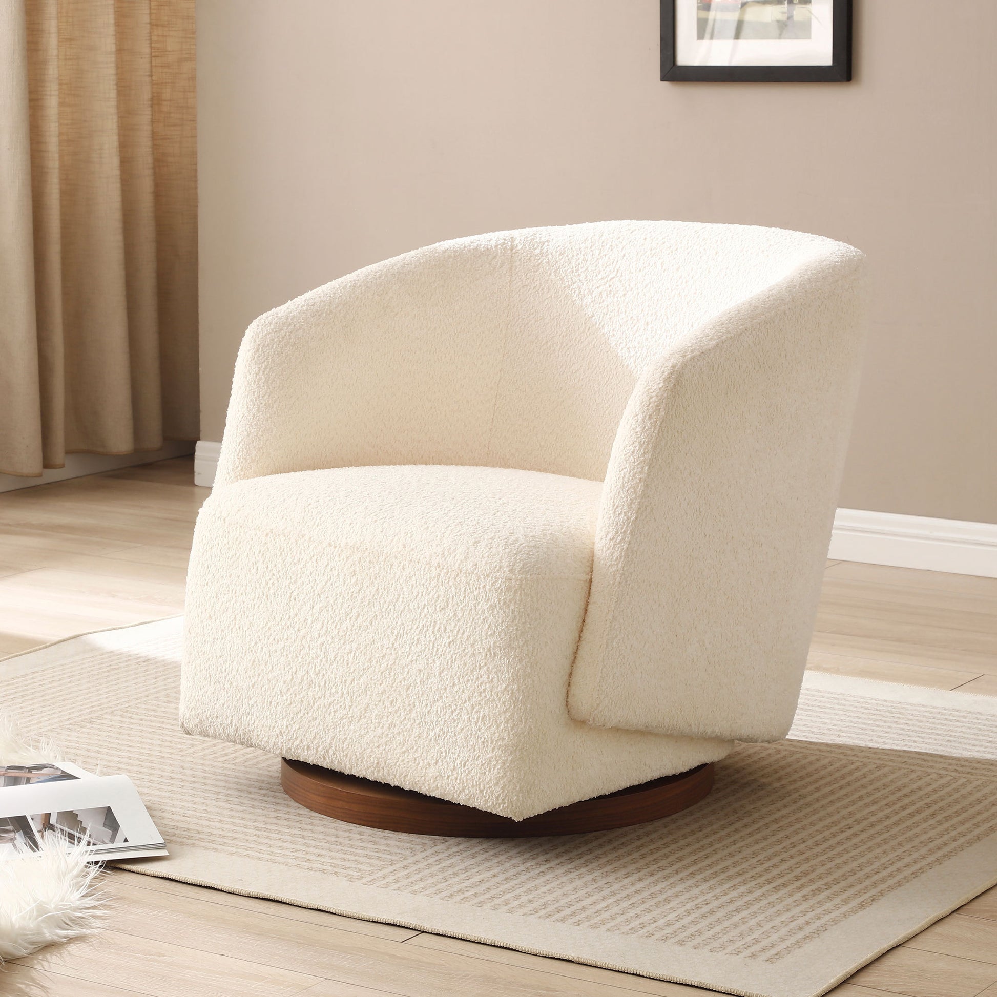 Swivel Accent Chair Armchair Round Barrel Chair For Living Room Bedroom Beige Boucle
