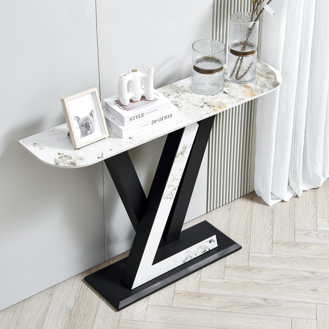 47.2"Modern Console Table, Exquisite Shape Design, Metal Frame With Adjustable Foot Pads For Entrance, Corridor, Living Room & Office. Black Black Metal & Wood Metal & Wood