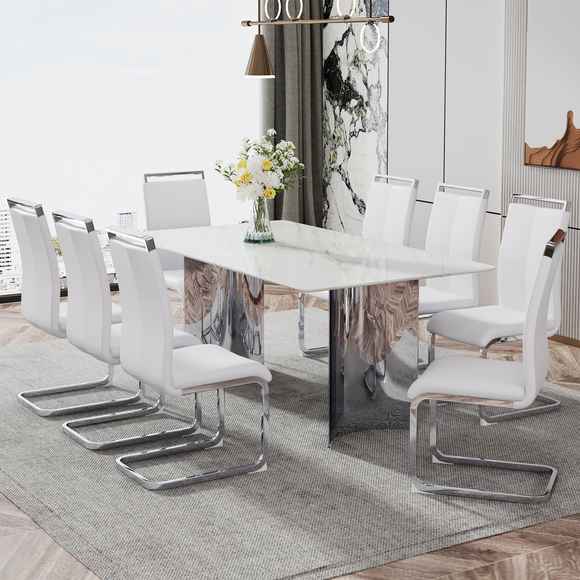 Modern Minimalist Dining Table. The White Imitation Marble Glass Desktop Is Equipped With Silver Metal Legs. Suitable For Restaurants And Living Rooms 71" *39.3" *29.5" Dt 69 White Glass