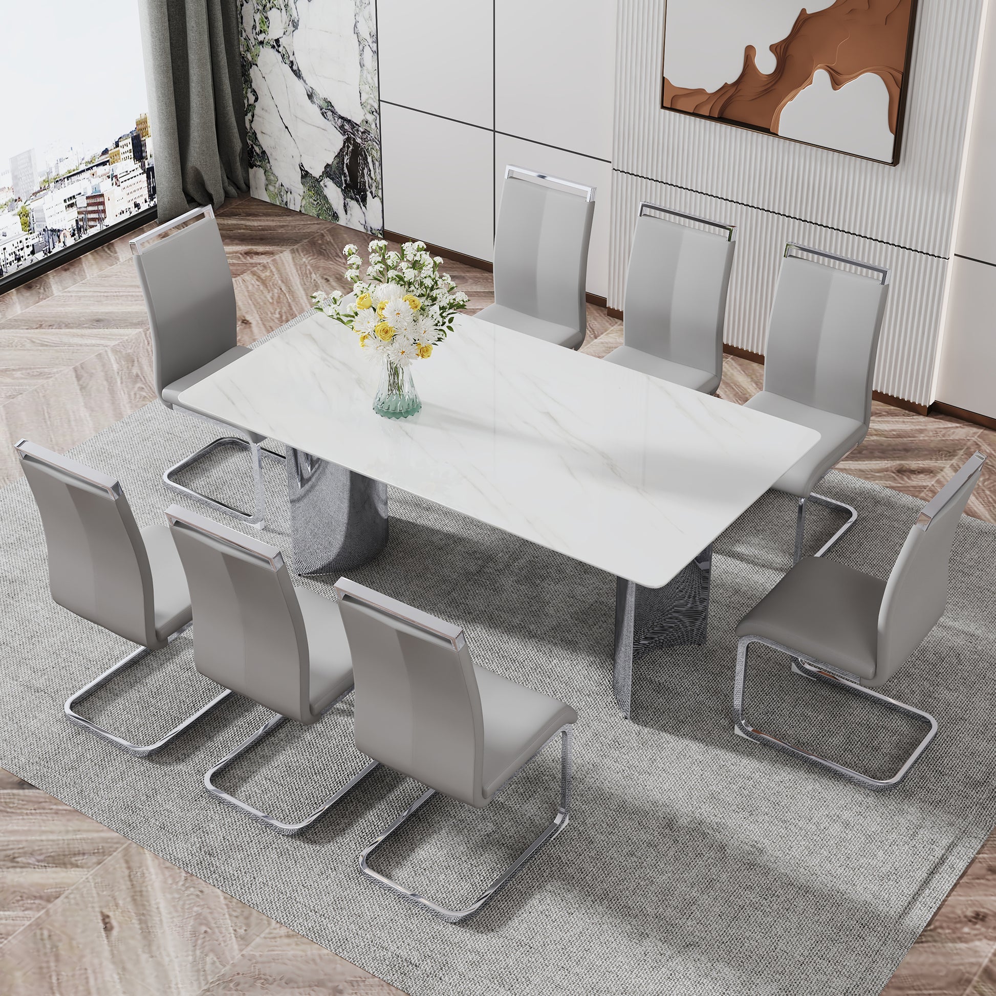 Modern Minimalist Dining Table. The White Imitation Marble Glass Desktop Is Equipped With Silver Metal Legs. Suitable For Restaurants And Living Rooms 71" *39.3" *29.5" Dt 69 White Glass
