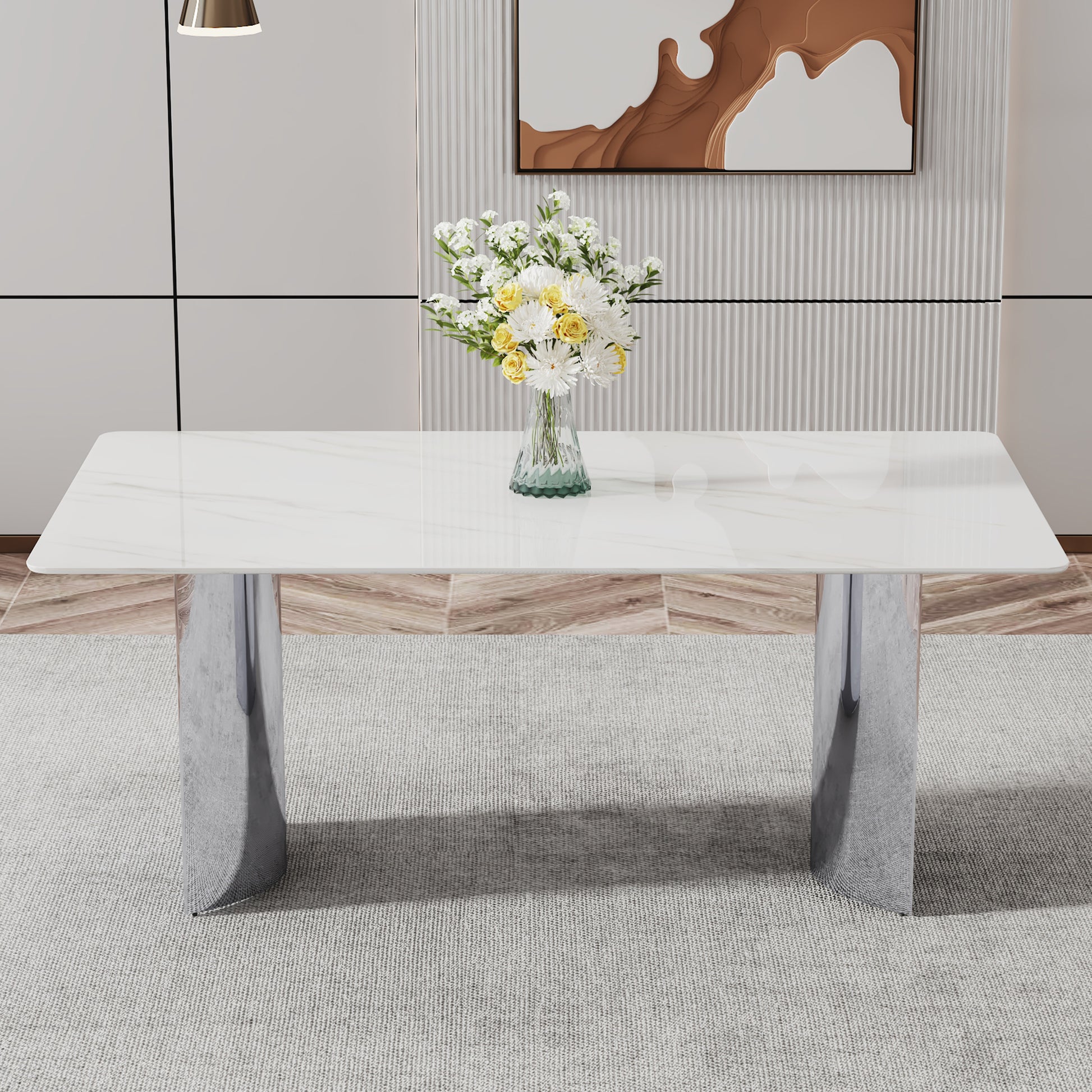 Modern Minimalist Dining Table. The White Imitation Marble Glass Desktop Is Equipped With Silver Metal Legs. Suitable For Restaurants And Living Rooms 71" *39.3" *29.5" Dt 69 White Glass