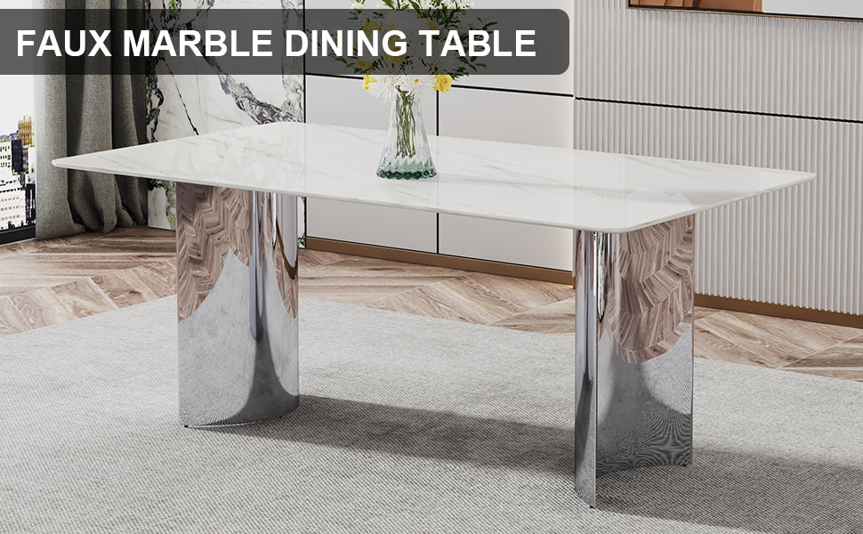 Modern Minimalist Dining Table. The White Imitation Marble Glass Desktop Is Equipped With Silver Metal Legs. Suitable For Restaurants And Living Rooms 71" *39.3" *29.5" Dt 69 White Glass
