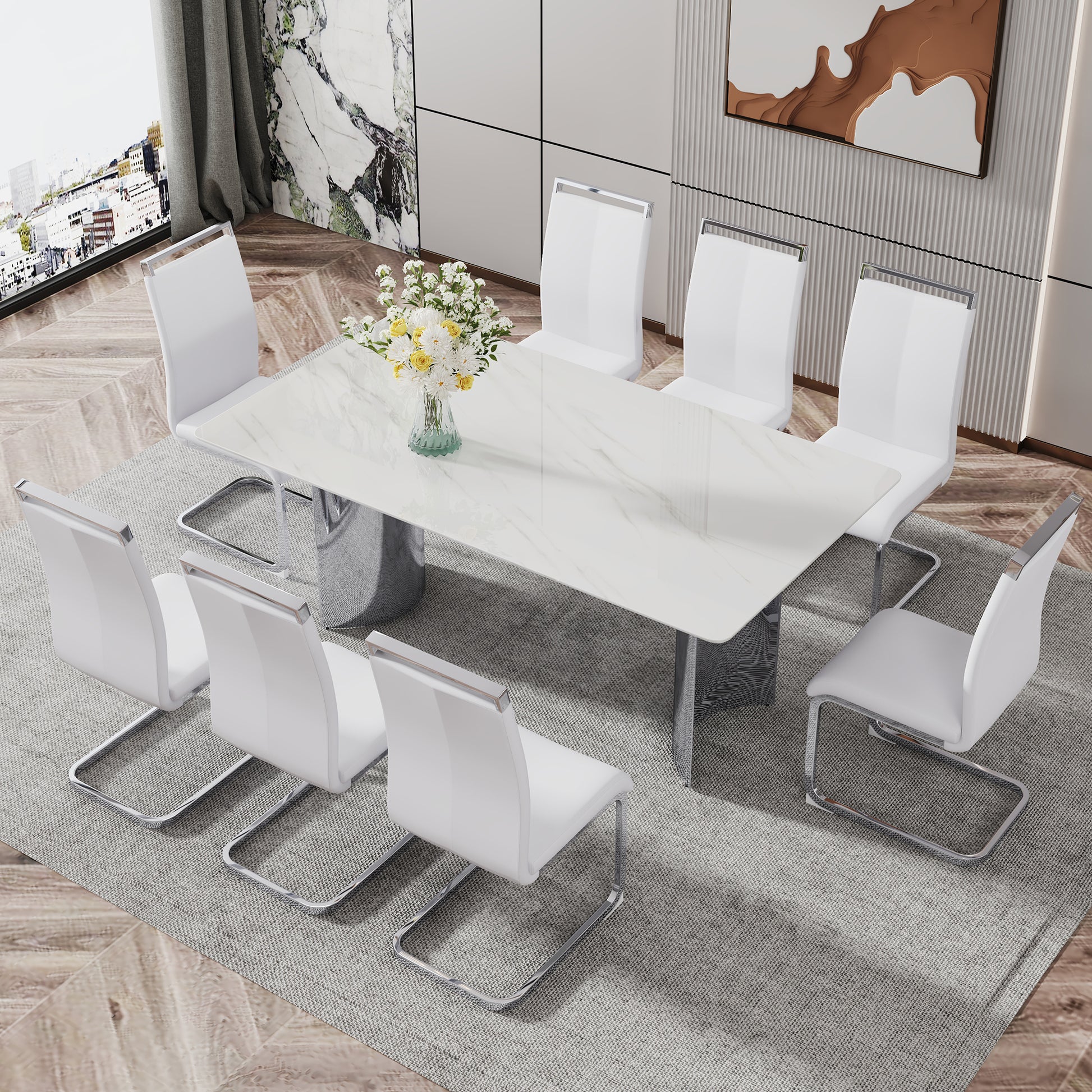 Modern Minimalist Dining Table. The White Imitation Marble Glass Desktop Is Equipped With Silver Metal Legs. Suitable For Restaurants And Living Rooms 71" *39.3" *29.5" Dt 69 White Glass