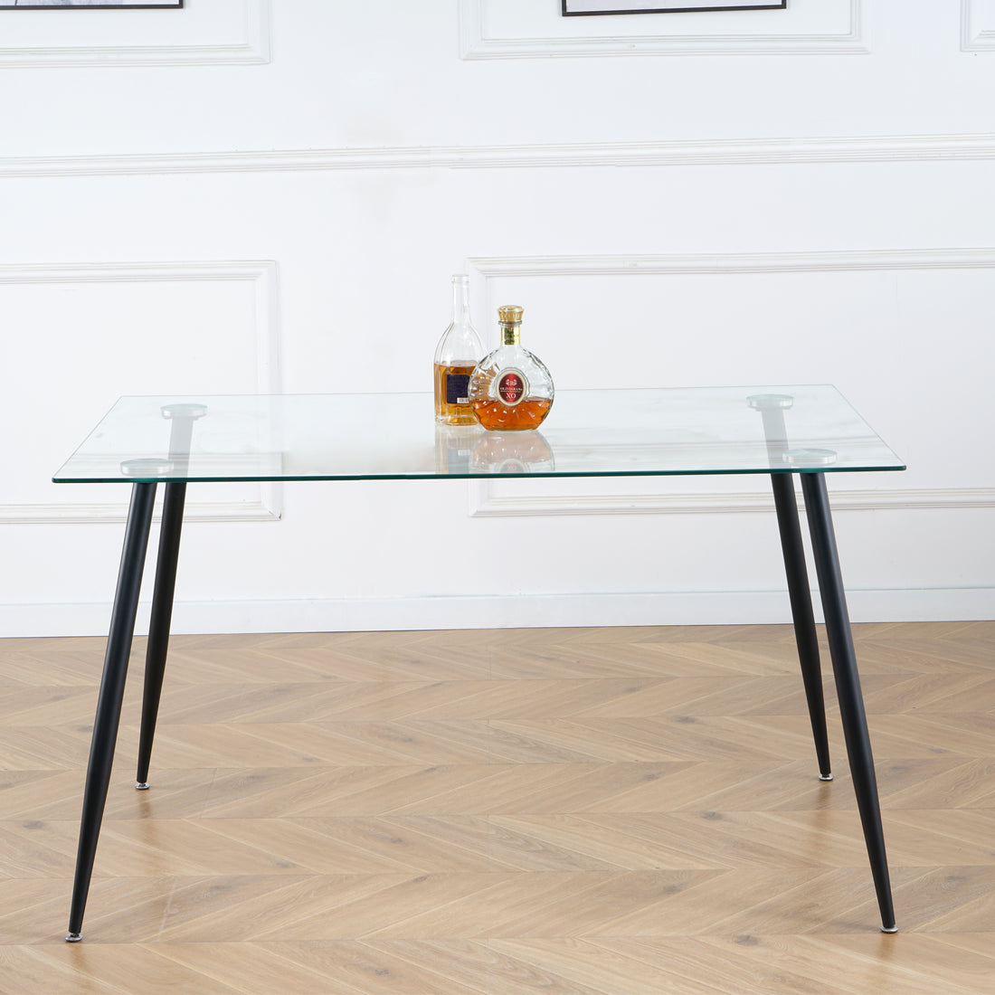 Modern Kitchen Glass Dining Table 51" Rectangular Tempered Glass Table Top,Clear Dining Table Metal Legs, Black Legs Black Rectangular Glass