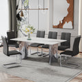 Modern Minimalist Dining Table. The White Imitation Marble Glass Desktop Is Equipped With Silver Metal Legs. Suitable For Restaurants And Living Rooms 71