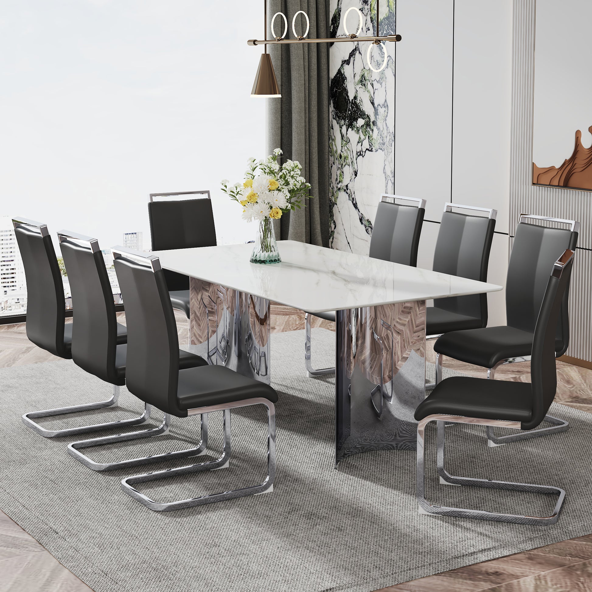 Modern Minimalist Dining Table. The White Imitation Marble Glass Desktop Is Equipped With Silver Metal Legs. Suitable For Restaurants And Living Rooms 71" *39.3" *29.5" Dt 69 White Glass