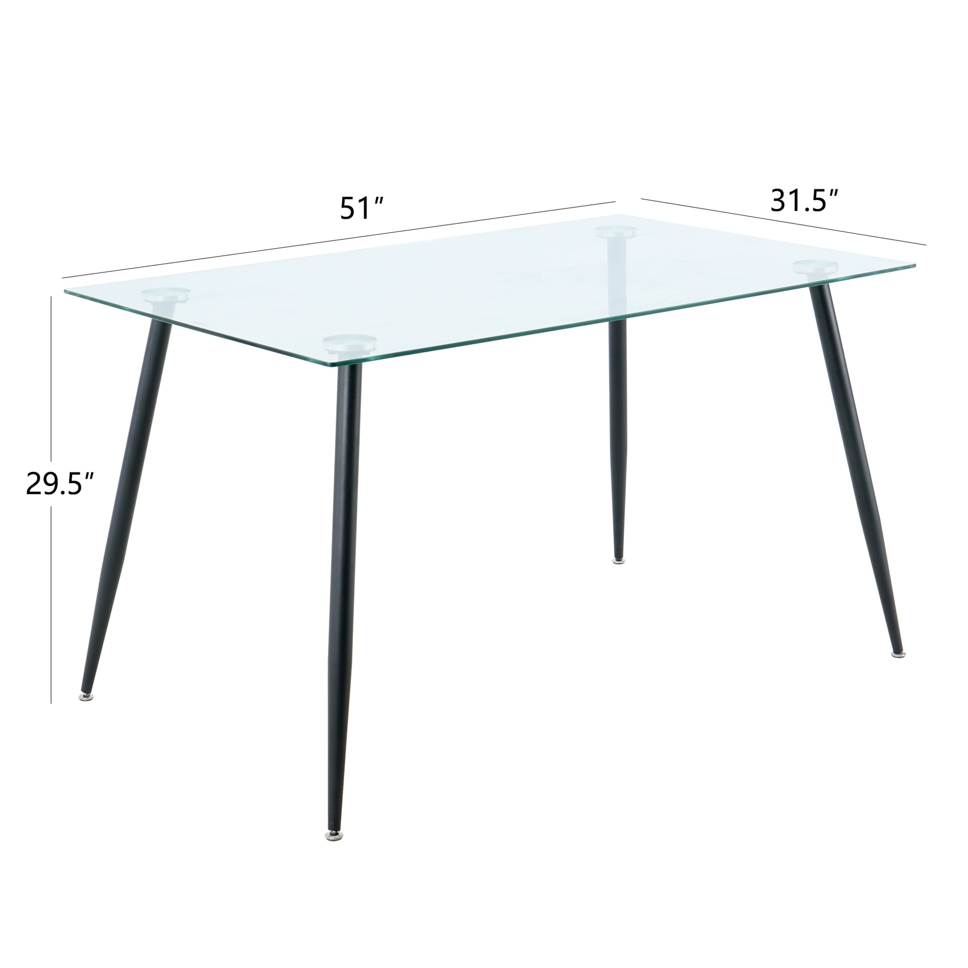 Modern Kitchen Glass Dining Table 51" Rectangular Tempered Glass Table Top,Clear Dining Table Metal Legs, Black Legs Black Rectangular Glass
