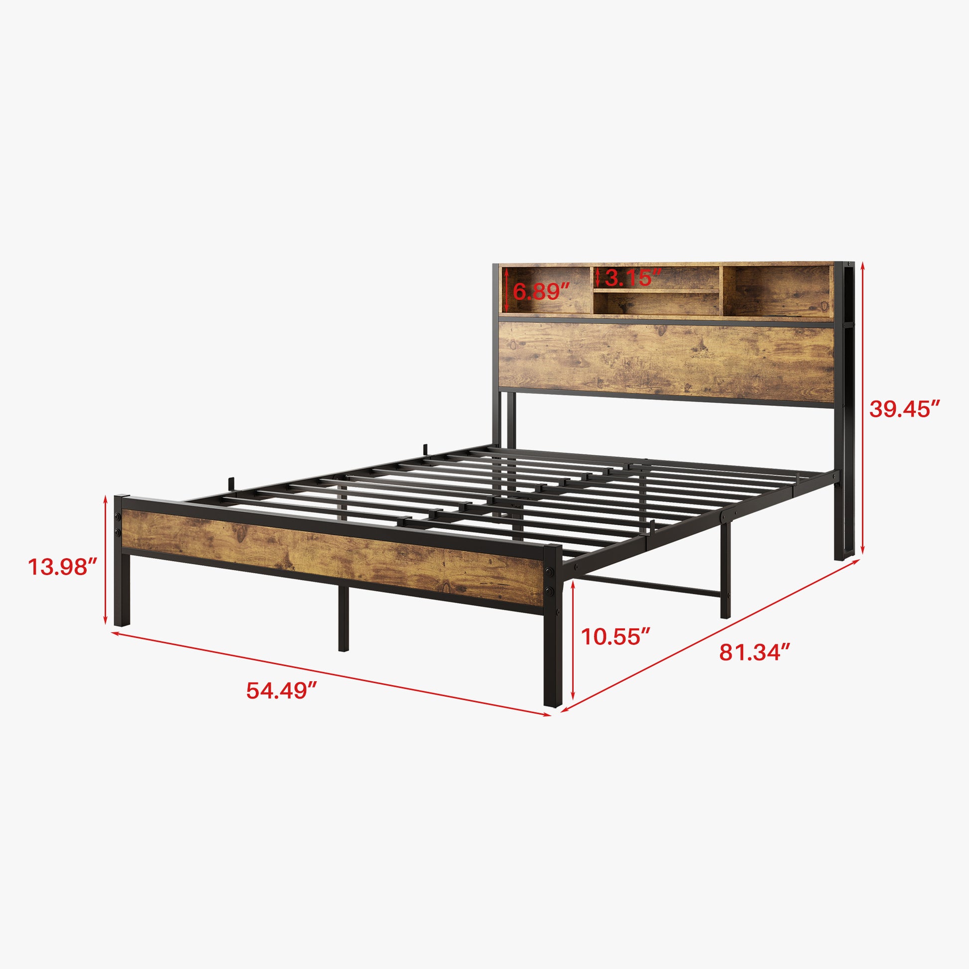 Full Size Bed Frame With Storage Headboard, Metal Platform Bed With Charging Station, Bookcase Storage, No Box Spring Needed, Easy Assembly, Noise Free, Black Box Spring Not Required Full Black Iron