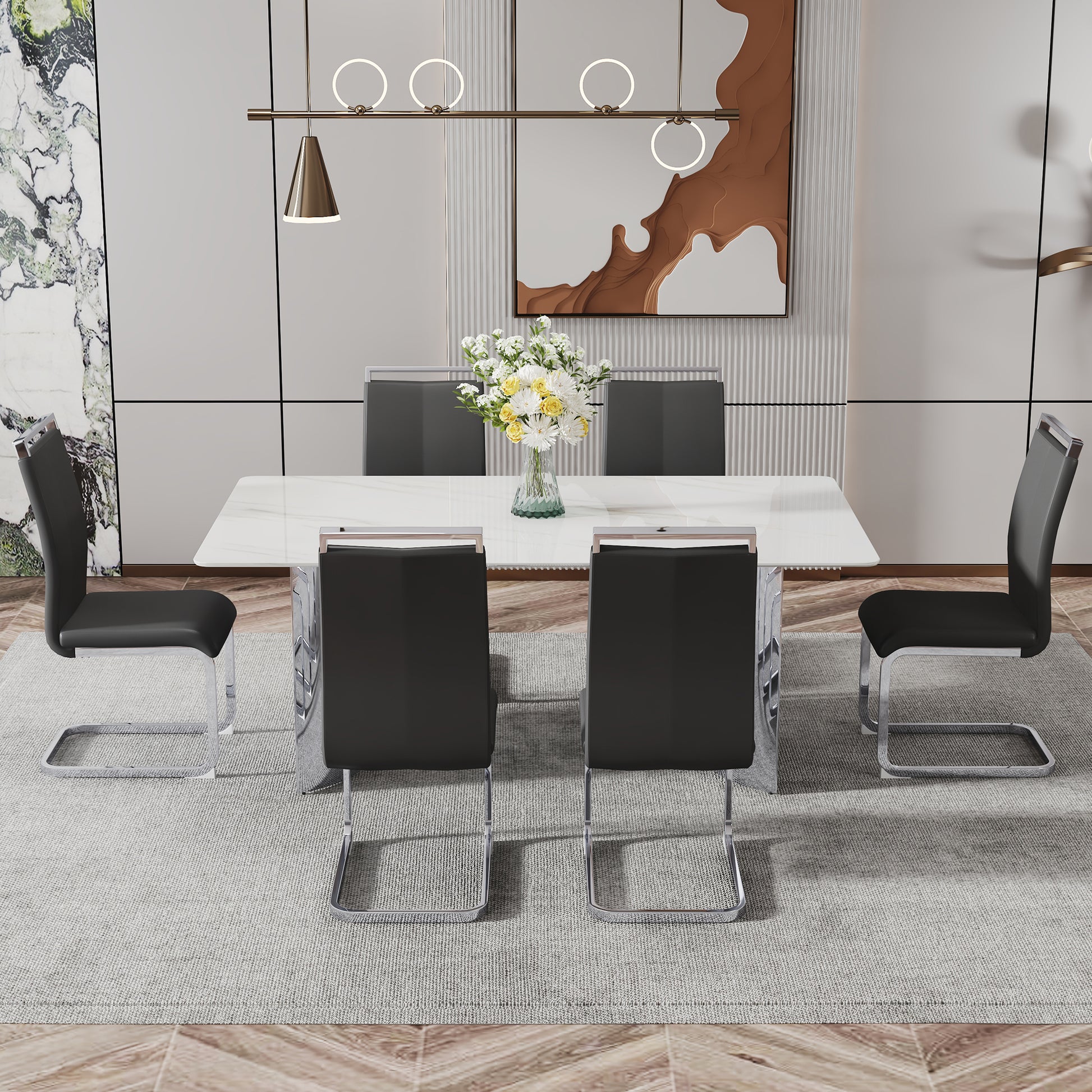 Modern Minimalist Dining Table. The White Imitation Marble Glass Desktop Is Equipped With Silver Metal Legs. Suitable For Restaurants And Living Rooms 71" *39.3" *29.5" Dt 69 White Glass