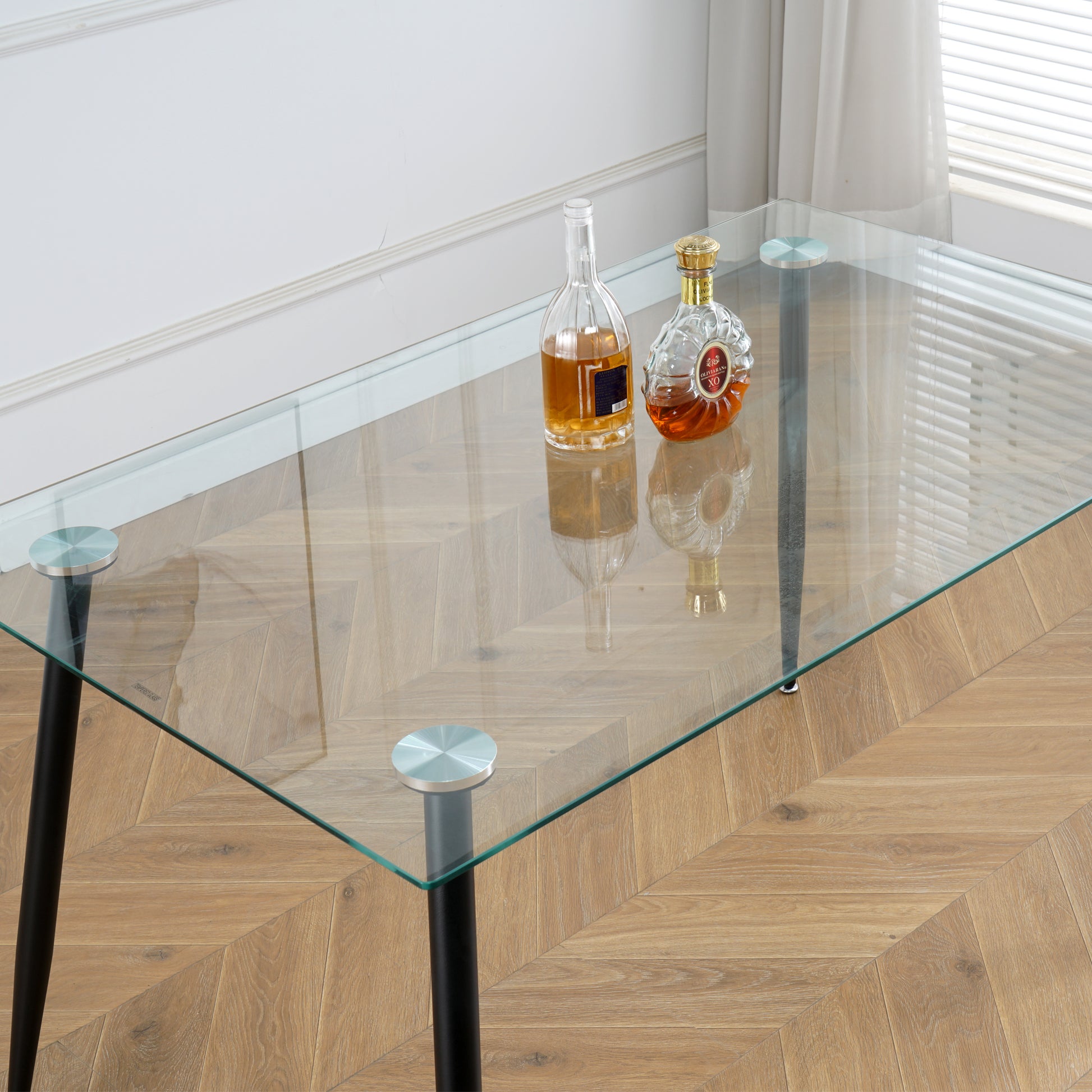 Modern Kitchen Glass Dining Table 51" Rectangular Tempered Glass Table Top,Clear Dining Table Metal Legs, Black Legs Black Rectangular Glass