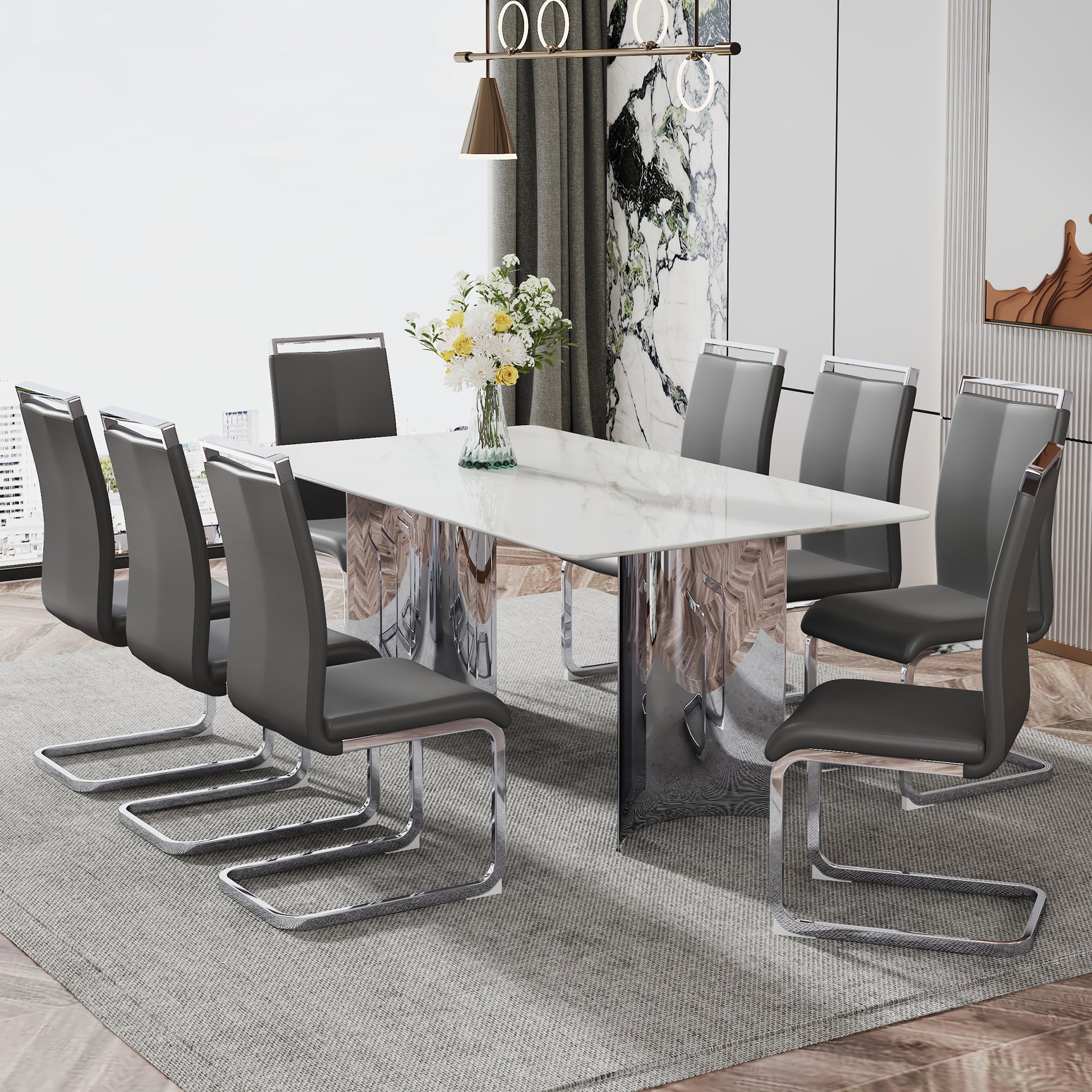 Modern Minimalist Dining Table. The White Imitation Marble Glass Desktop Is Equipped With Silver Metal Legs. Suitable For Restaurants And Living Rooms 71" *39.3" *29.5" Dt 69 White Glass