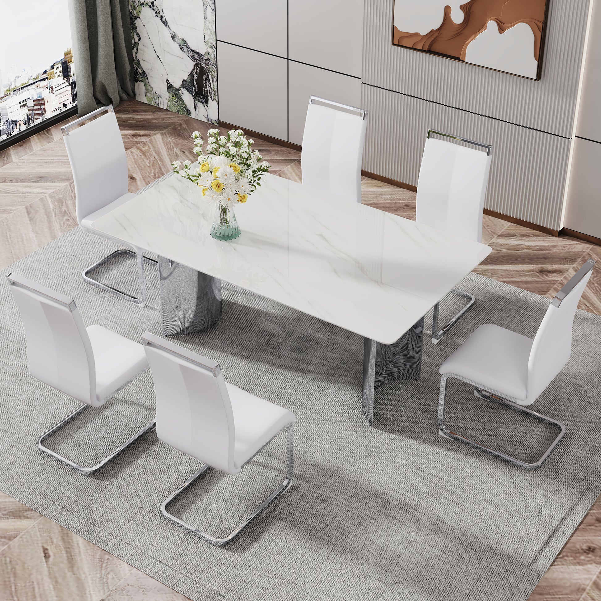 Modern Minimalist Dining Table. The White Imitation Marble Glass Desktop Is Equipped With Silver Metal Legs. Suitable For Restaurants And Living Rooms 71" *39.3" *29.5" Dt 69 White Glass