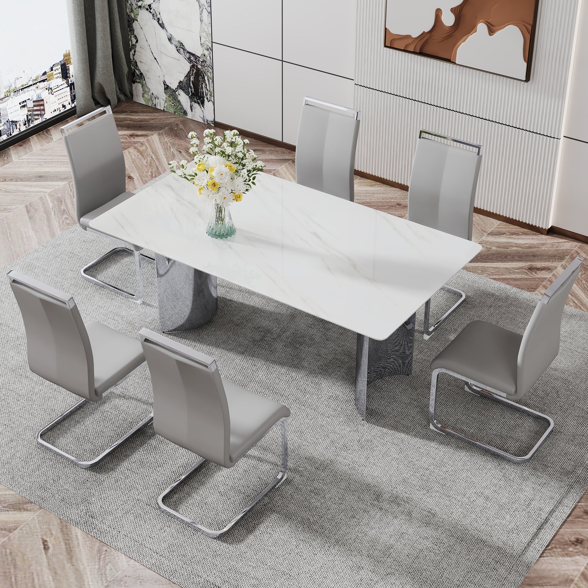Modern Minimalist Dining Table. The White Imitation Marble Glass Desktop Is Equipped With Silver Metal Legs. Suitable For Restaurants And Living Rooms 71" *39.3" *29.5" Dt 69 White Glass