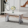 Modern Minimalist Dining Table. The White Imitation Marble Glass Desktop Is Equipped With Silver Metal Legs. Suitable For Restaurants And Living Rooms 71