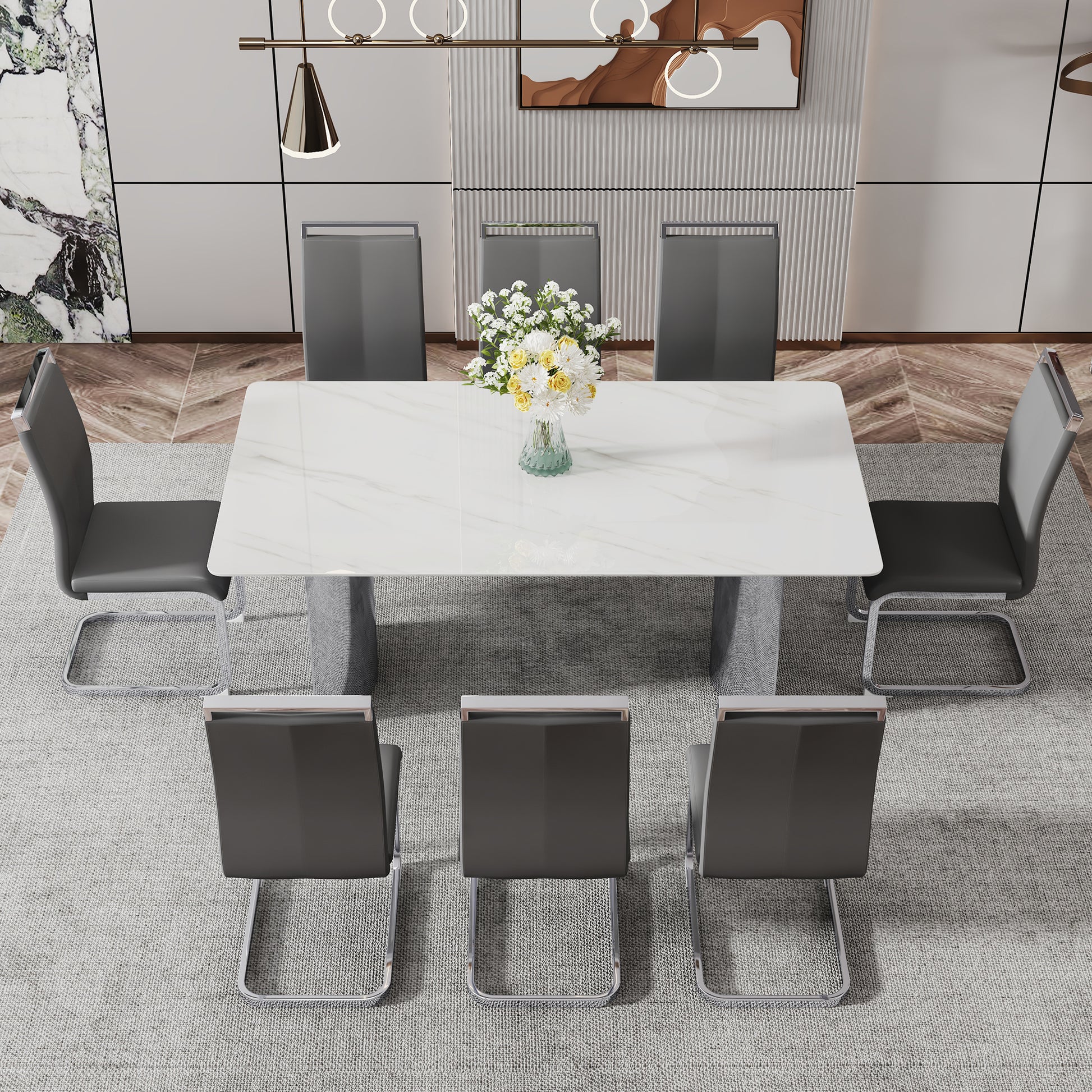 Modern Minimalist Dining Table. The White Imitation Marble Glass Desktop Is Equipped With Silver Metal Legs. Suitable For Restaurants And Living Rooms 71" *39.3" *29.5" Dt 69 White Glass