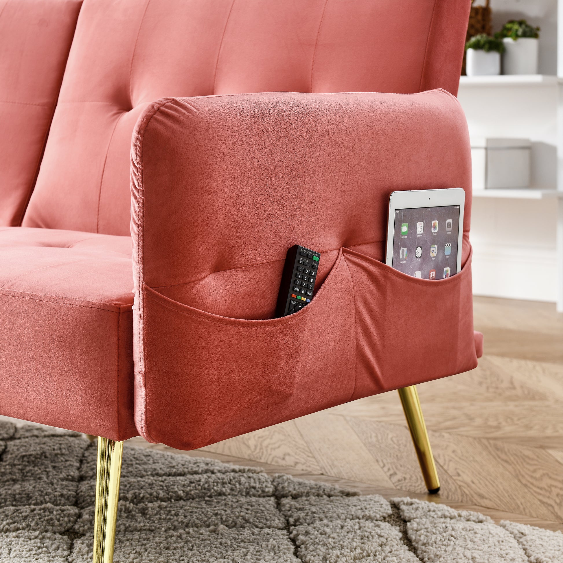 78" Italian Velvet Futon Sofa Bed, Convertible Sleeper Loveseat Couch With Folded Armrests And Storage Bags For Living Room And Small Space, Pink 280G Velvet Pink Velvet Wood Primary Living Space Medium Soft Tufted Back Modern Rolled Arms Foam Solid Wood