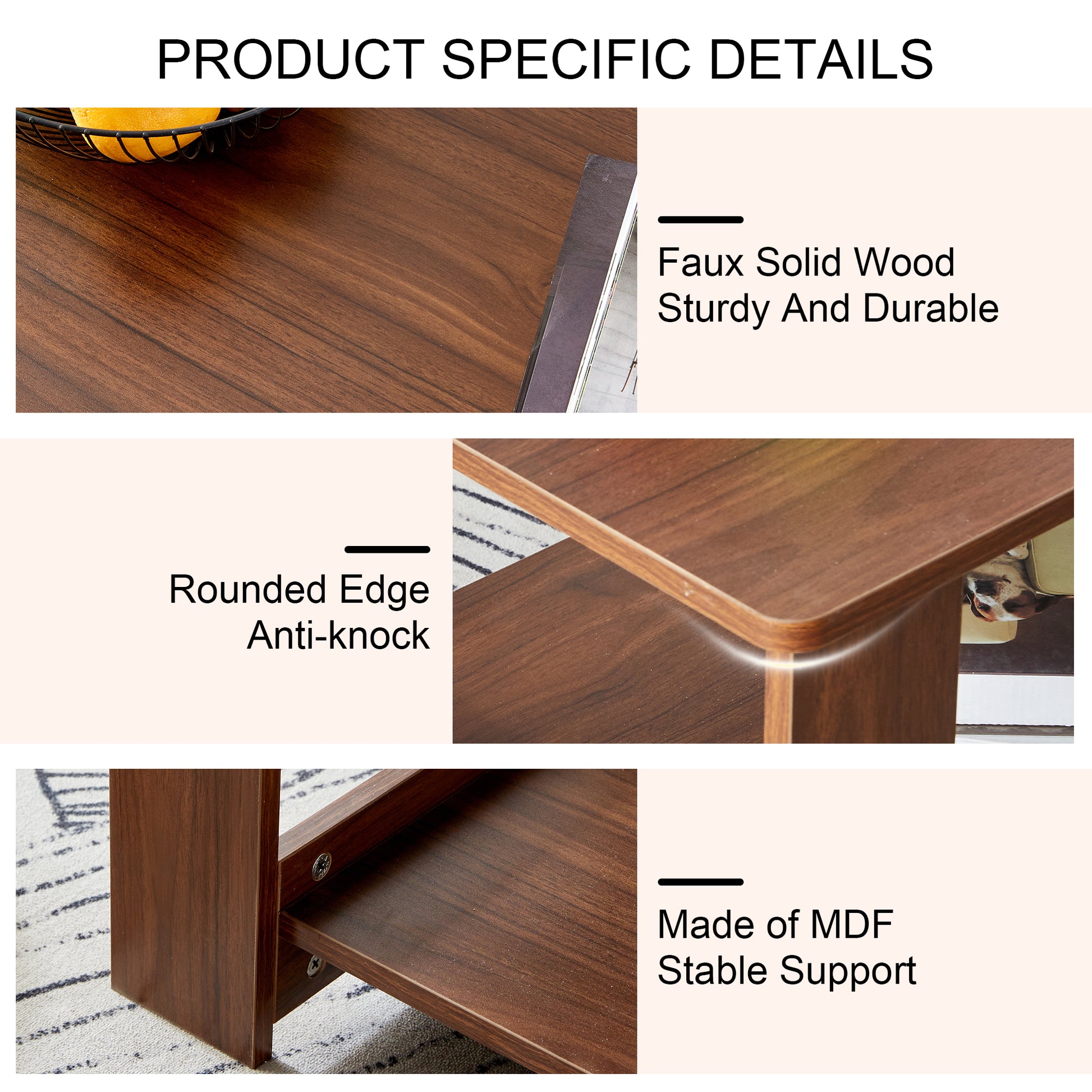 Modern And Practical Walnut Textured Coffee Tablestea Tables. The Double Layered Coffee Table Is Made Of Mdf Material. Suitable For Living Room 43.3"*21.6"*16.5" Ct 16 Walnut Mdf