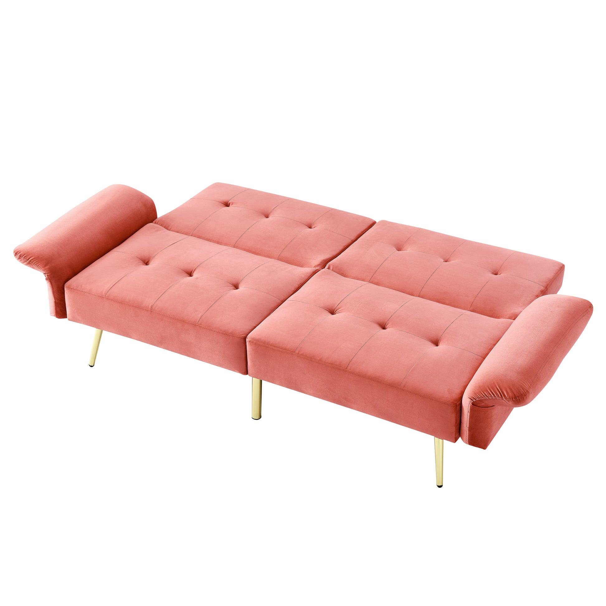78" Italian Velvet Futon Sofa Bed, Convertible Sleeper Loveseat Couch With Folded Armrests And Storage Bags For Living Room And Small Space, Pink 280G Velvet Pink Velvet Wood Primary Living Space Medium Soft Tufted Back Modern Rolled Arms Foam Solid Wood