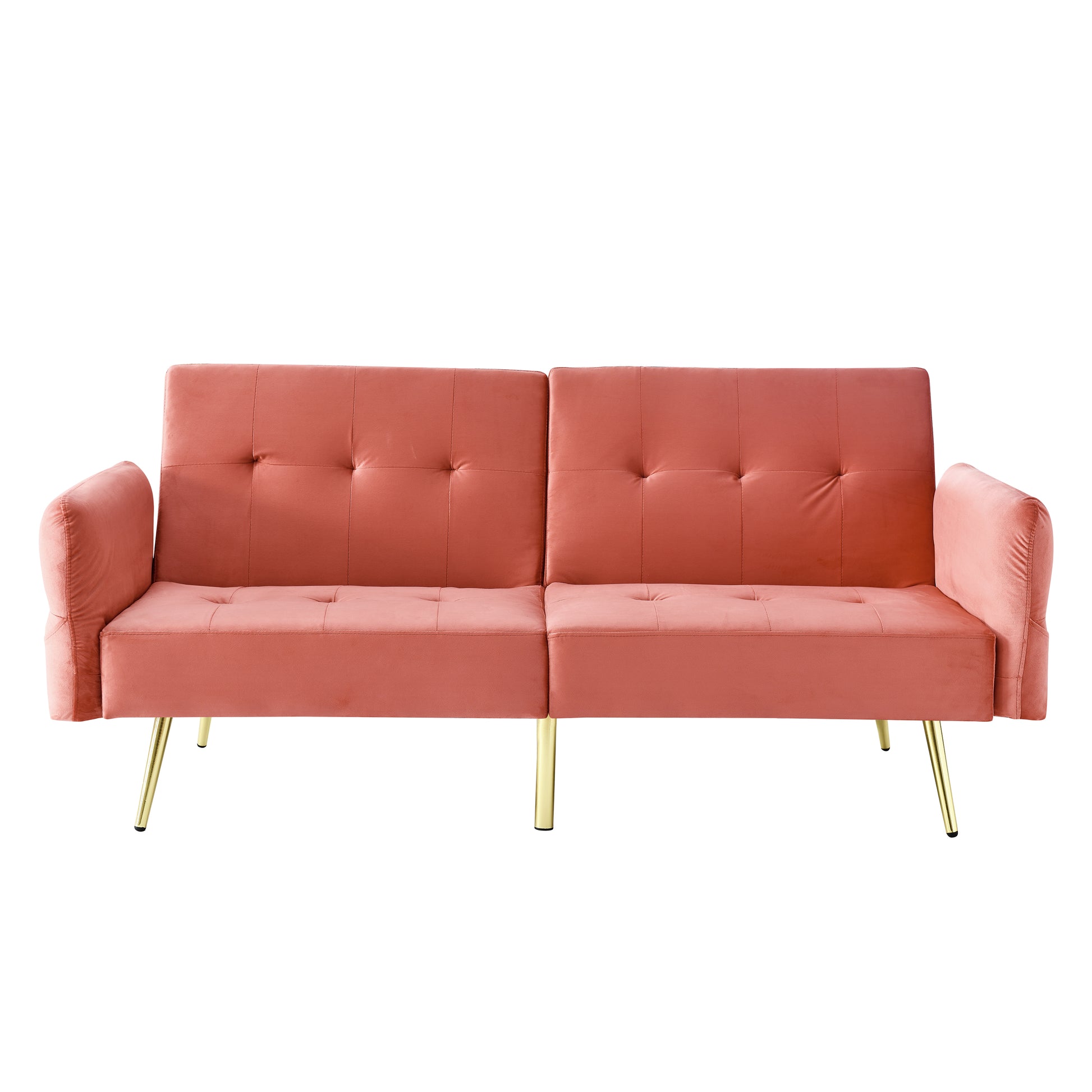 78" Italian Velvet Futon Sofa Bed, Convertible Sleeper Loveseat Couch With Folded Armrests And Storage Bags For Living Room And Small Space, Pink 280G Velvet Pink Velvet Wood Primary Living Space Medium Soft Tufted Back Modern Rolled Arms Foam Solid Wood