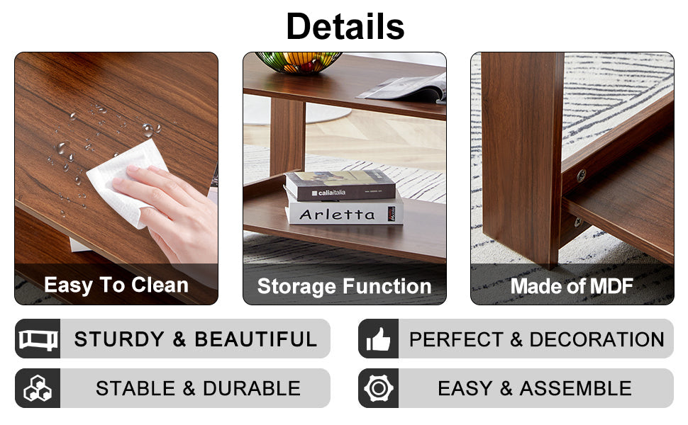 Modern And Practical Walnut Textured Coffee Tablestea Tables. The Double Layered Coffee Table Is Made Of Mdf Material. Suitable For Living Room 43.3"*21.6"*16.5" Ct 16 Walnut Mdf