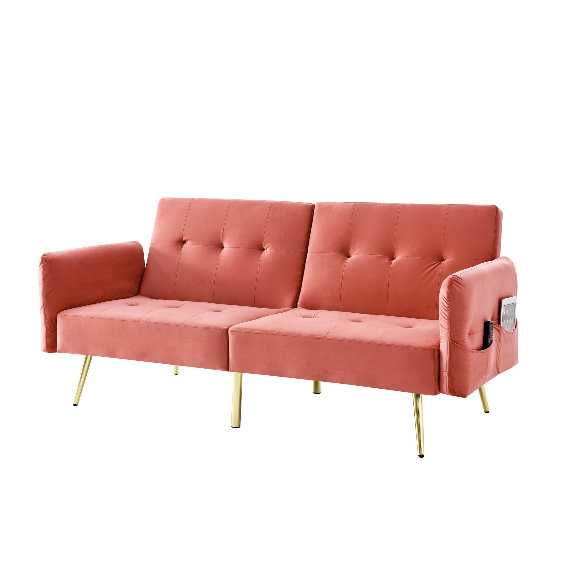 78" Italian Velvet Futon Sofa Bed, Convertible Sleeper Loveseat Couch With Folded Armrests And Storage Bags For Living Room And Small Space, Pink 280G Velvet Pink Velvet Wood Primary Living Space Medium Soft Tufted Back Modern Rolled Arms Foam Solid Wood