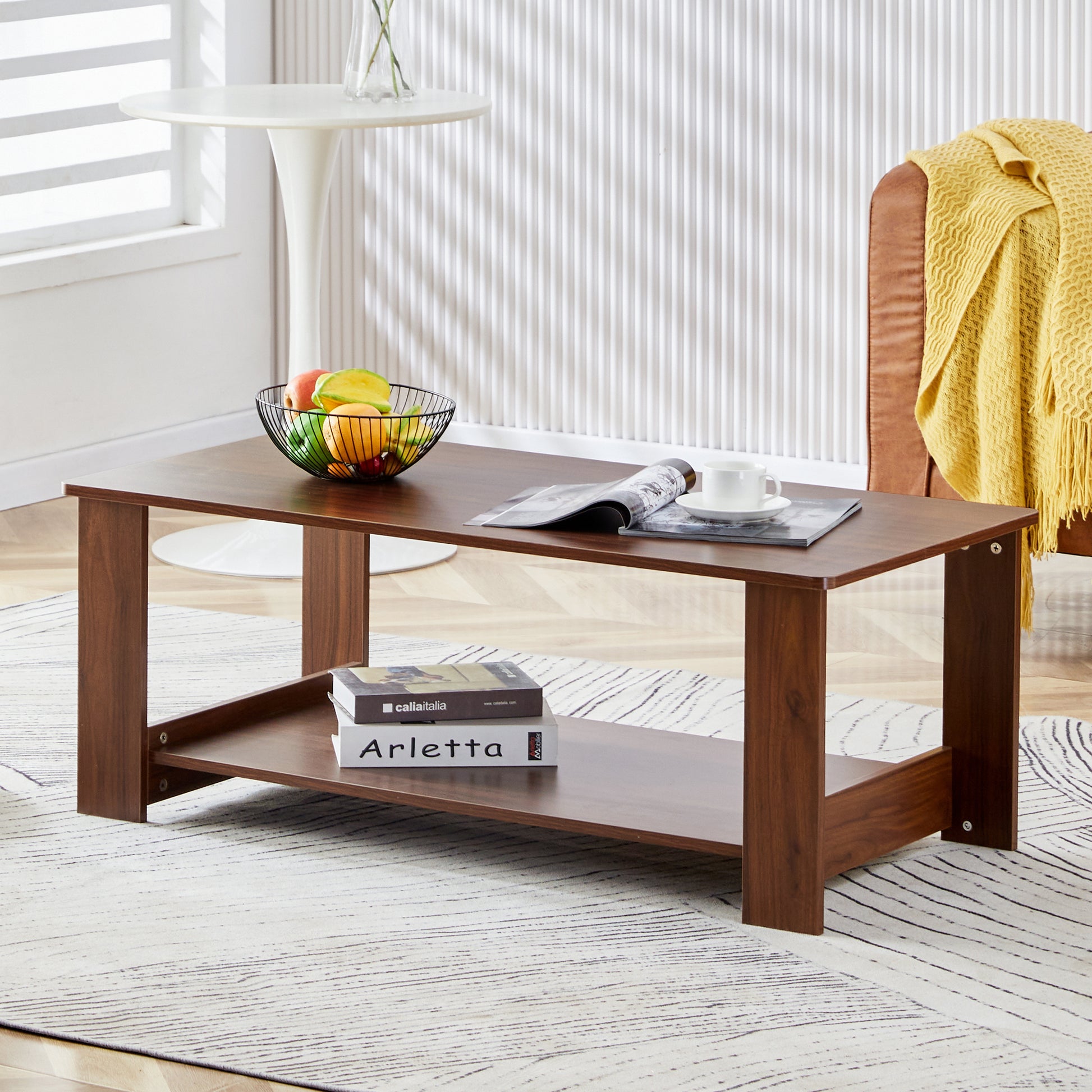 Modern And Practical Walnut Textured Coffee Tablestea Tables. The Double Layered Coffee Table Is Made Of Mdf Material. Suitable For Living Room 43.3"*21.6"*16.5" Ct 16 Walnut Mdf
