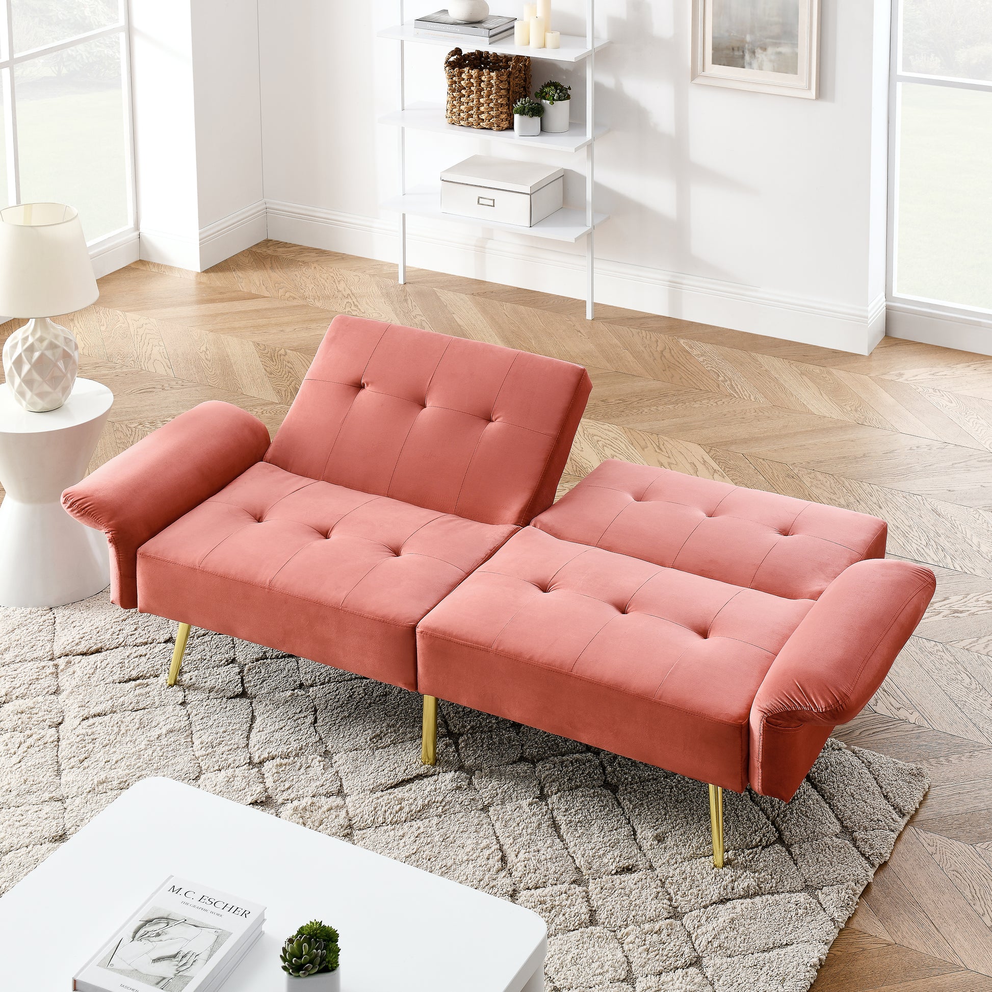78" Italian Velvet Futon Sofa Bed, Convertible Sleeper Loveseat Couch With Folded Armrests And Storage Bags For Living Room And Small Space, Pink 280G Velvet Pink Velvet Wood Primary Living Space Medium Soft Tufted Back Modern Rolled Arms Foam Solid Wood