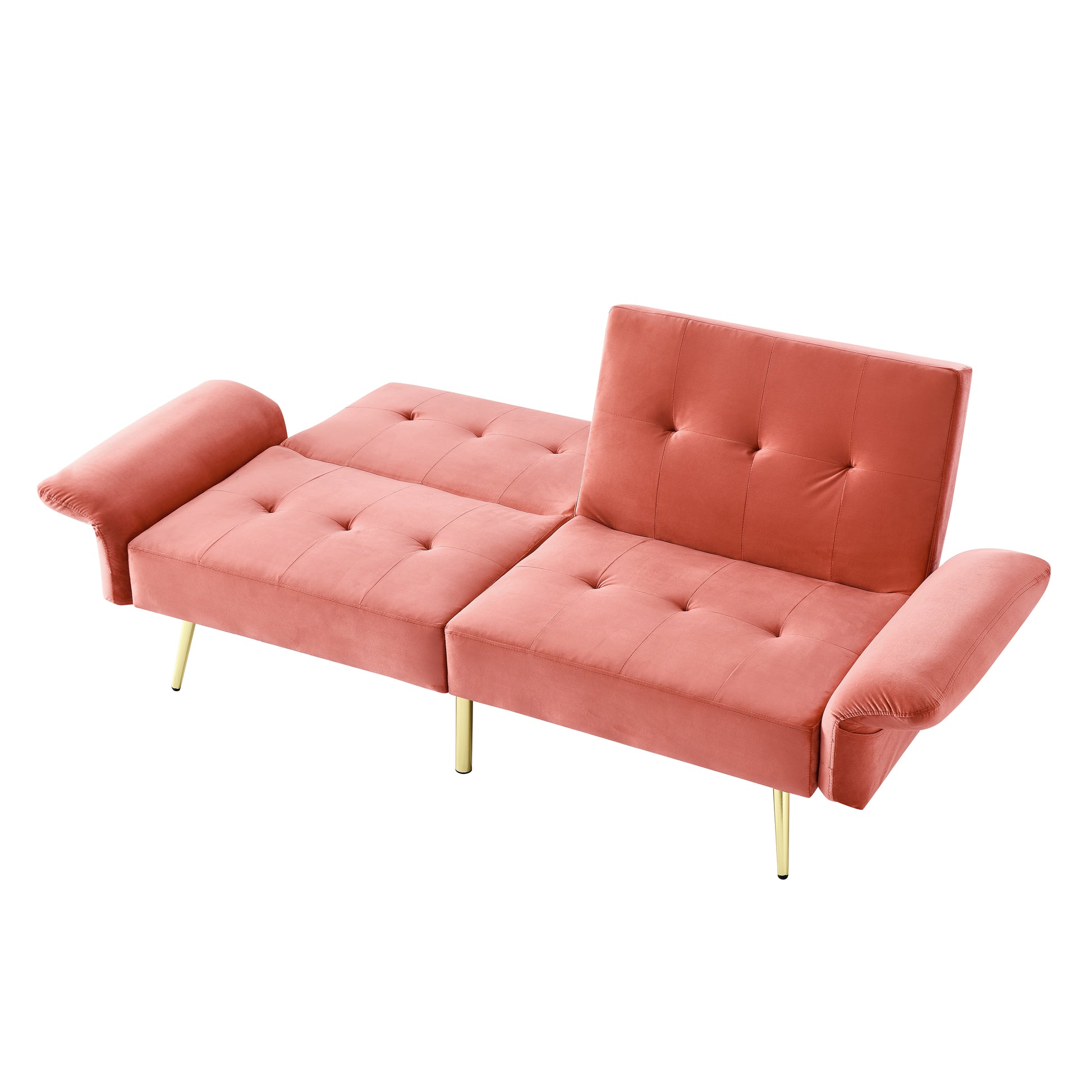 78" Italian Velvet Futon Sofa Bed, Convertible Sleeper Loveseat Couch With Folded Armrests And Storage Bags For Living Room And Small Space, Pink 280G Velvet Pink Velvet Wood Primary Living Space Medium Soft Tufted Back Modern Rolled Arms Foam Solid Wood