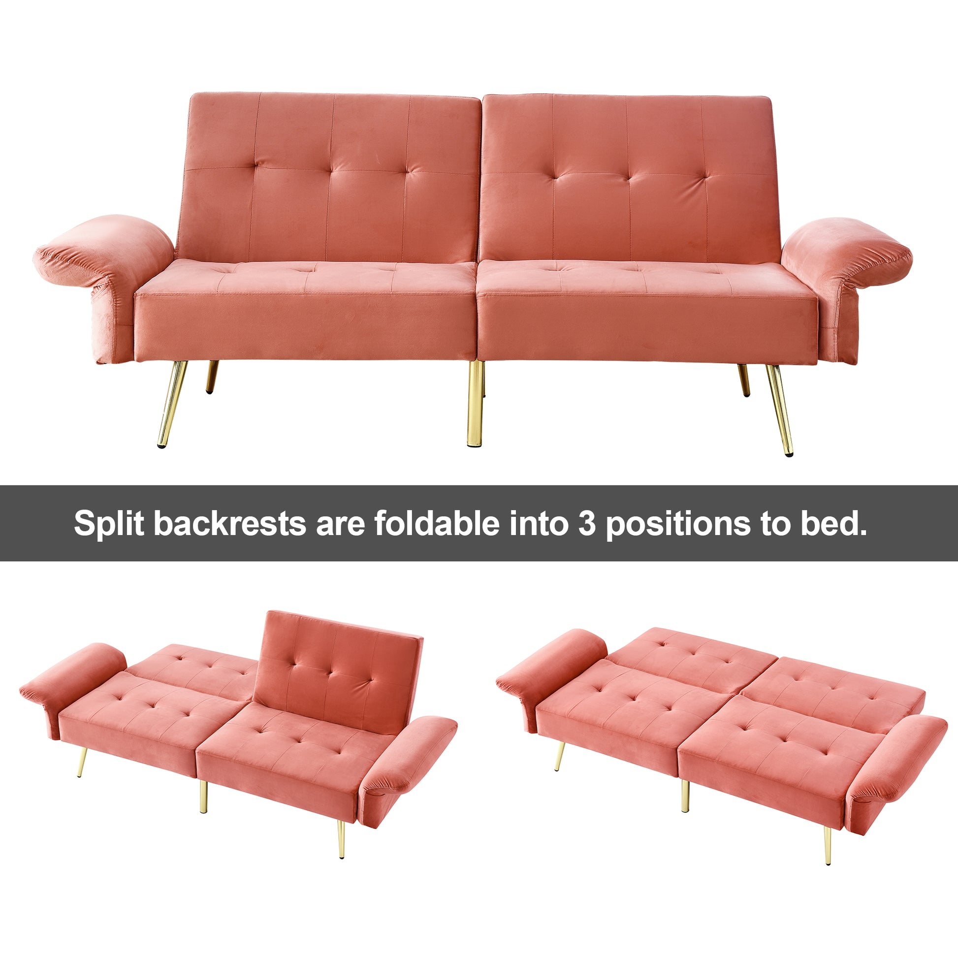 78" Italian Velvet Futon Sofa Bed, Convertible Sleeper Loveseat Couch With Folded Armrests And Storage Bags For Living Room And Small Space, Pink 280G Velvet Pink Velvet Wood Primary Living Space Medium Soft Tufted Back Modern Rolled Arms Foam Solid Wood