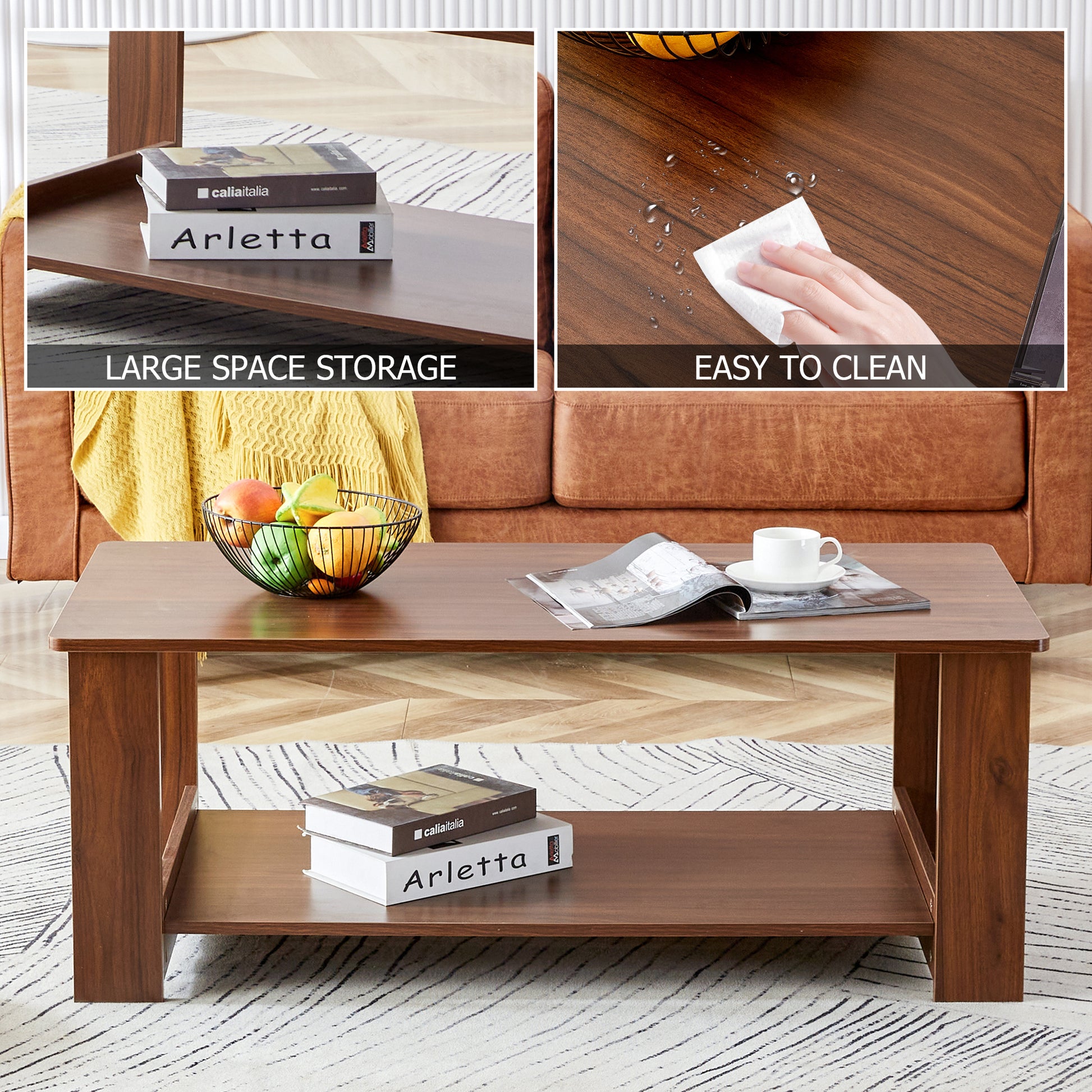 Modern And Practical Walnut Textured Coffee Tablestea Tables. The Double Layered Coffee Table Is Made Of Mdf Material. Suitable For Living Room 43.3"*21.6"*16.5" Ct 16 Walnut Mdf