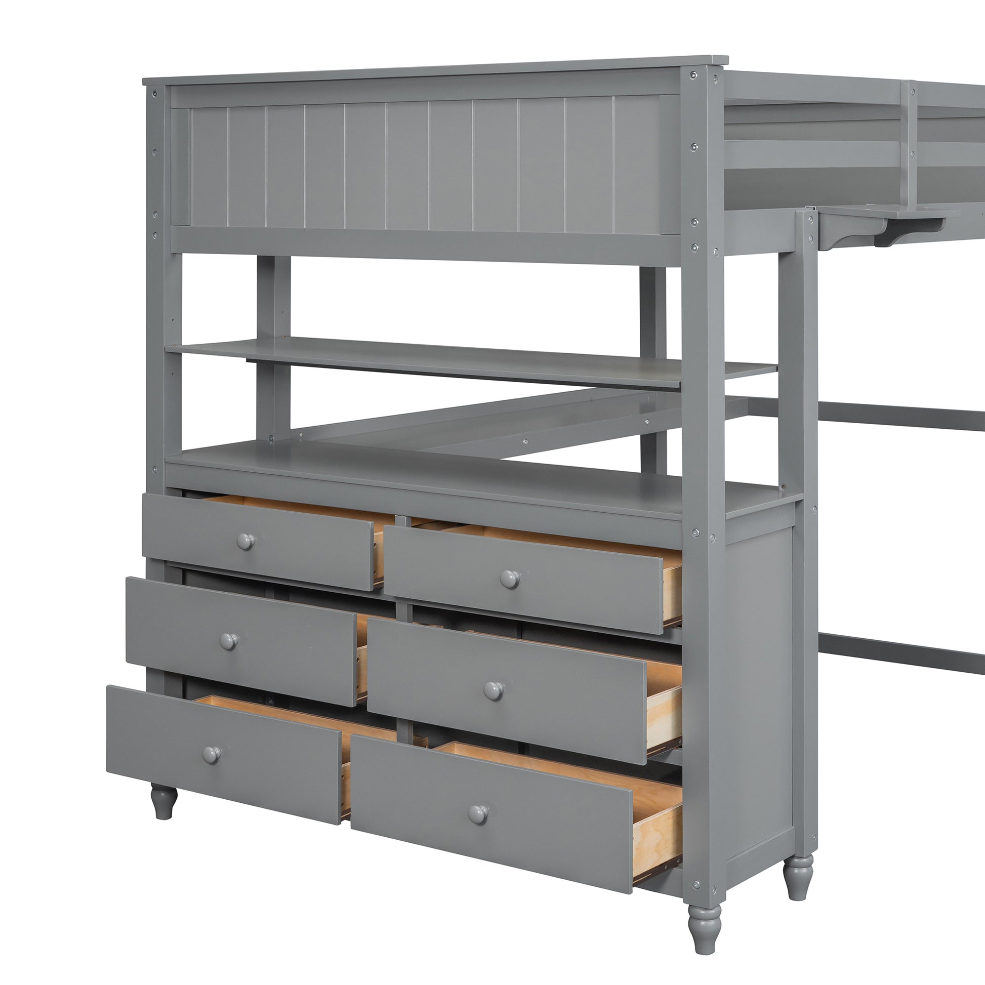 Full Size Loft Bed With Drawers And Desk, Wooden Loft Bed With Shelves Gray Old Sku:Lt001529Aae Gray Solid Wood
