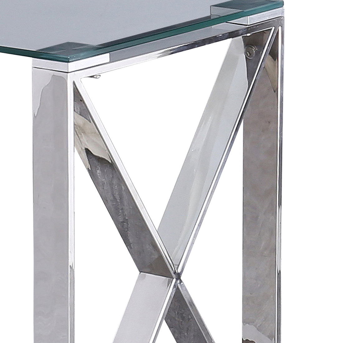 22 Inch Metal X Frame Glass Top Side Table, Silver Silver Metal