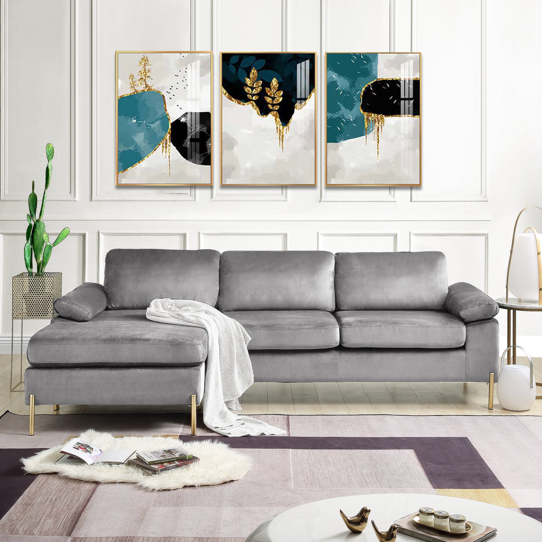 Shannon Velvet Sectional Sofa With Chaise Gray Foam Velvet