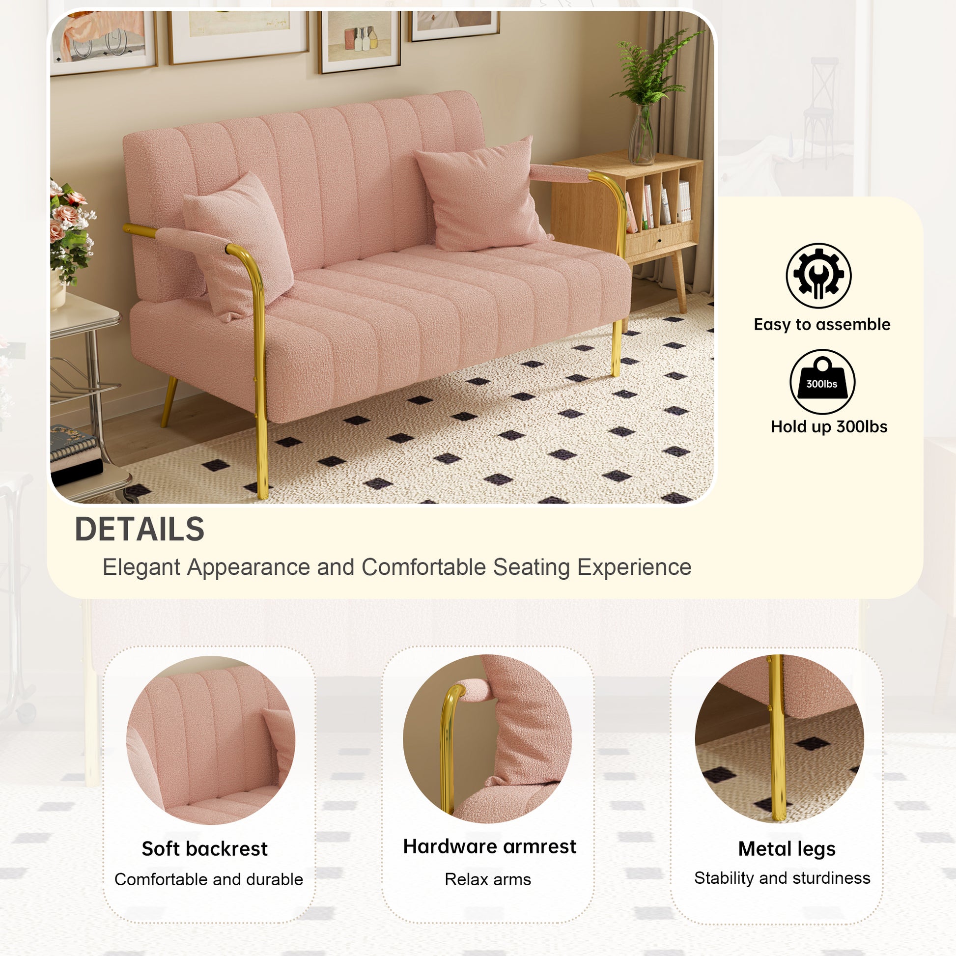 59Inch Pink Teddy Fleecesof, Two Throw Pillows, Suitable For Living Room, Apartment, Home Office Pink Fabric 2 Seat