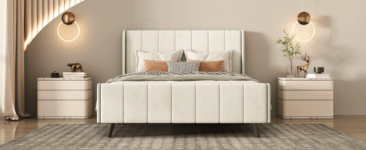 Full Size Upholstered Platform Bed, Velvet, Beige Beige Upholstered