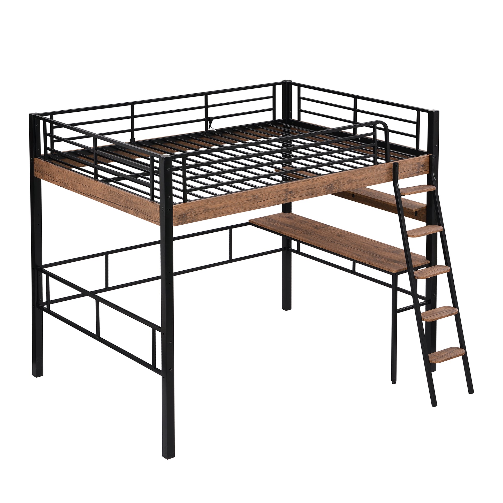 Metal Full Size Loft Bed With Built In Desk, Storage Shelf And Ladder, Black Full Box Spring Not Required Black Metal Metal & Wood