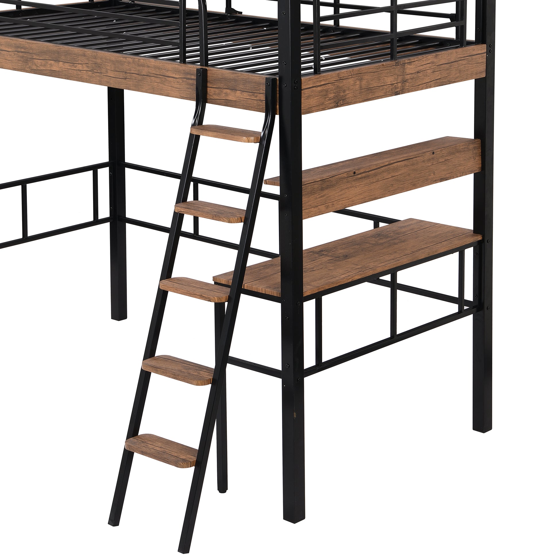 Metal Twin Size Loft Bed With Built In Desk, Storage Shelf And Ladder, Black Box Spring Not Required Black Metal Metal & Wood