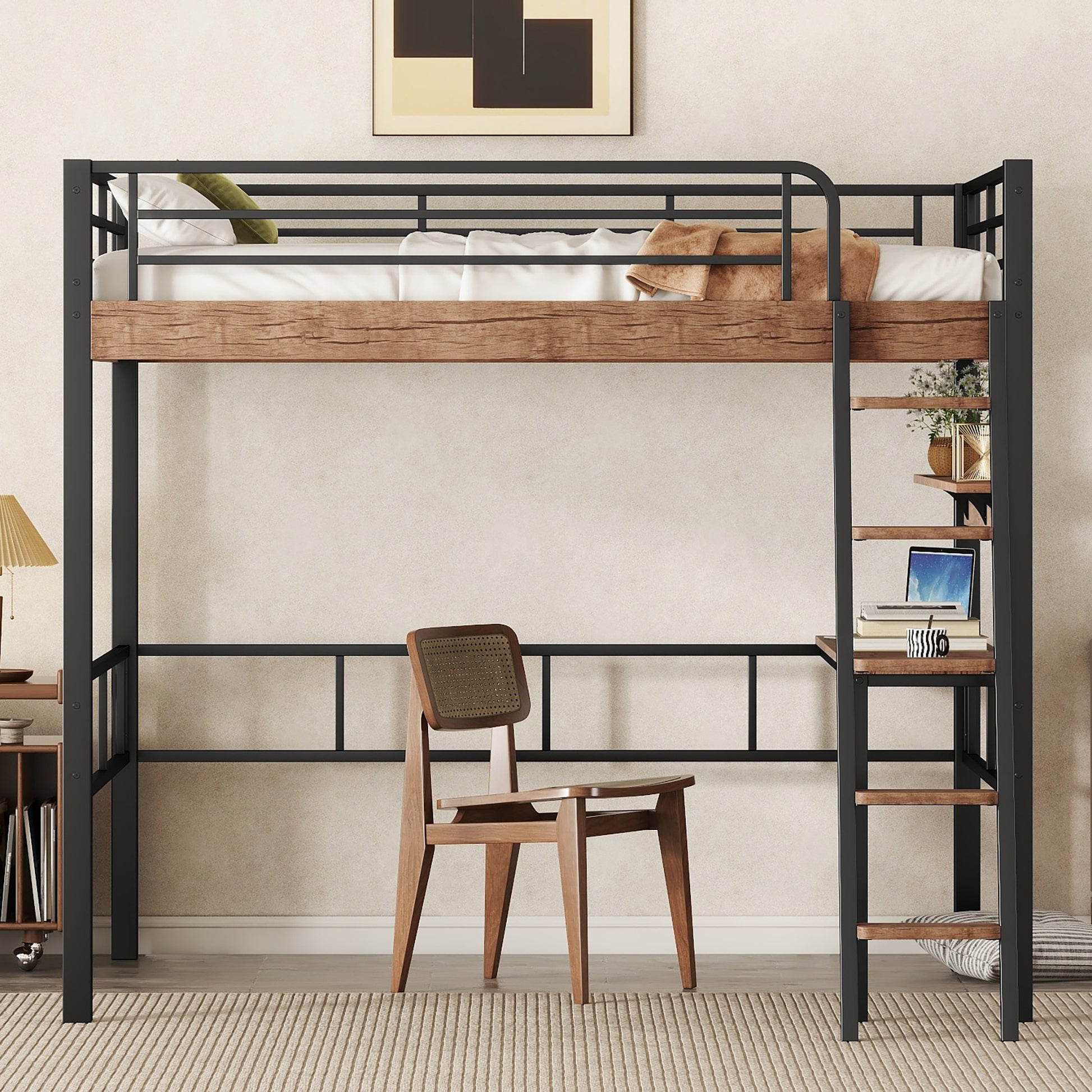 Metal Full Size Loft Bed With Built In Desk, Storage Shelf And Ladder, Black Full Box Spring Not Required Black Metal Metal & Wood