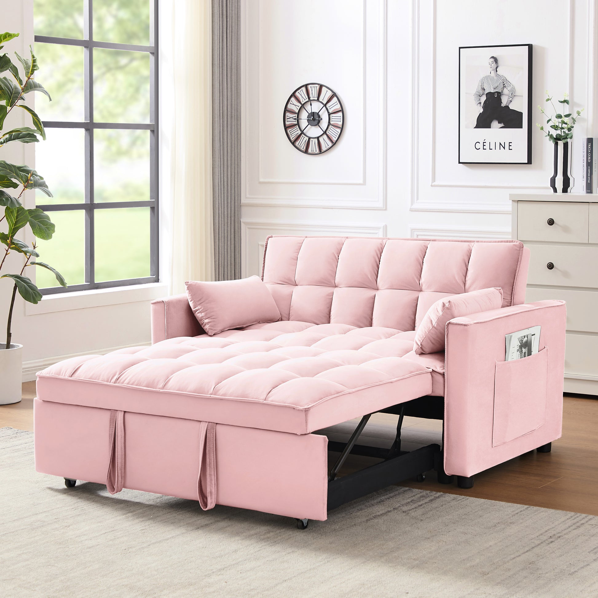 Modern Velvet Loveseat Futon Sofa Couch W Pullout Bed,Small Beautiful Seat Lounge Sofa W Reclining Backrest,Toss Pillows, Pockets,Furniture For Living Room,3 In 1 Convertible Sleeper Sofa Bed, Pink Pink Light Brown Velvet Wood Primary Living Space Medium