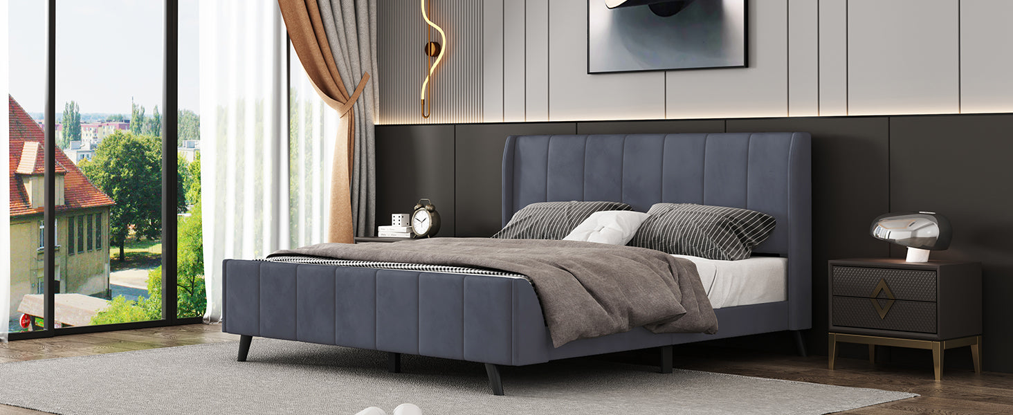 Queen Size Upholstered Platform Bed, Velvet, Gray Gray Upholstered