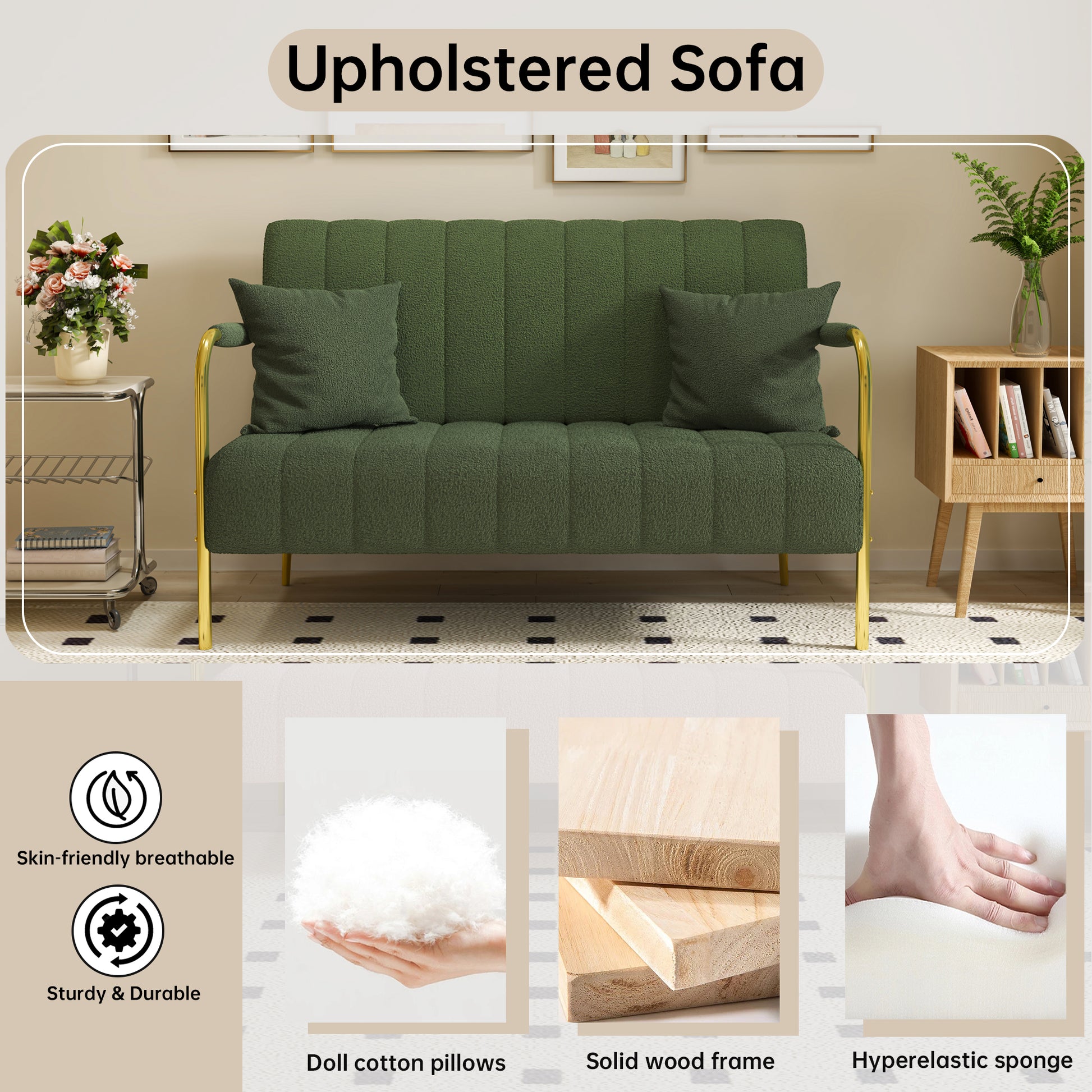 59Inch Green Teddy Fleece Sofa, Two Throw Pillows, Suitable For Living Room, Apartment, Home Office Green Fabric 2 Seat