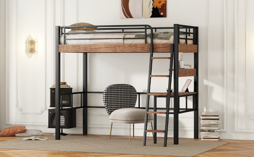 Metal Twin Size Loft Bed With Built In Desk, Storage Shelf And Ladder, Black Box Spring Not Required Black Metal Metal & Wood