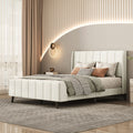 Full Size Upholstered Platform Bed, Velvet, Beige Beige Upholstered