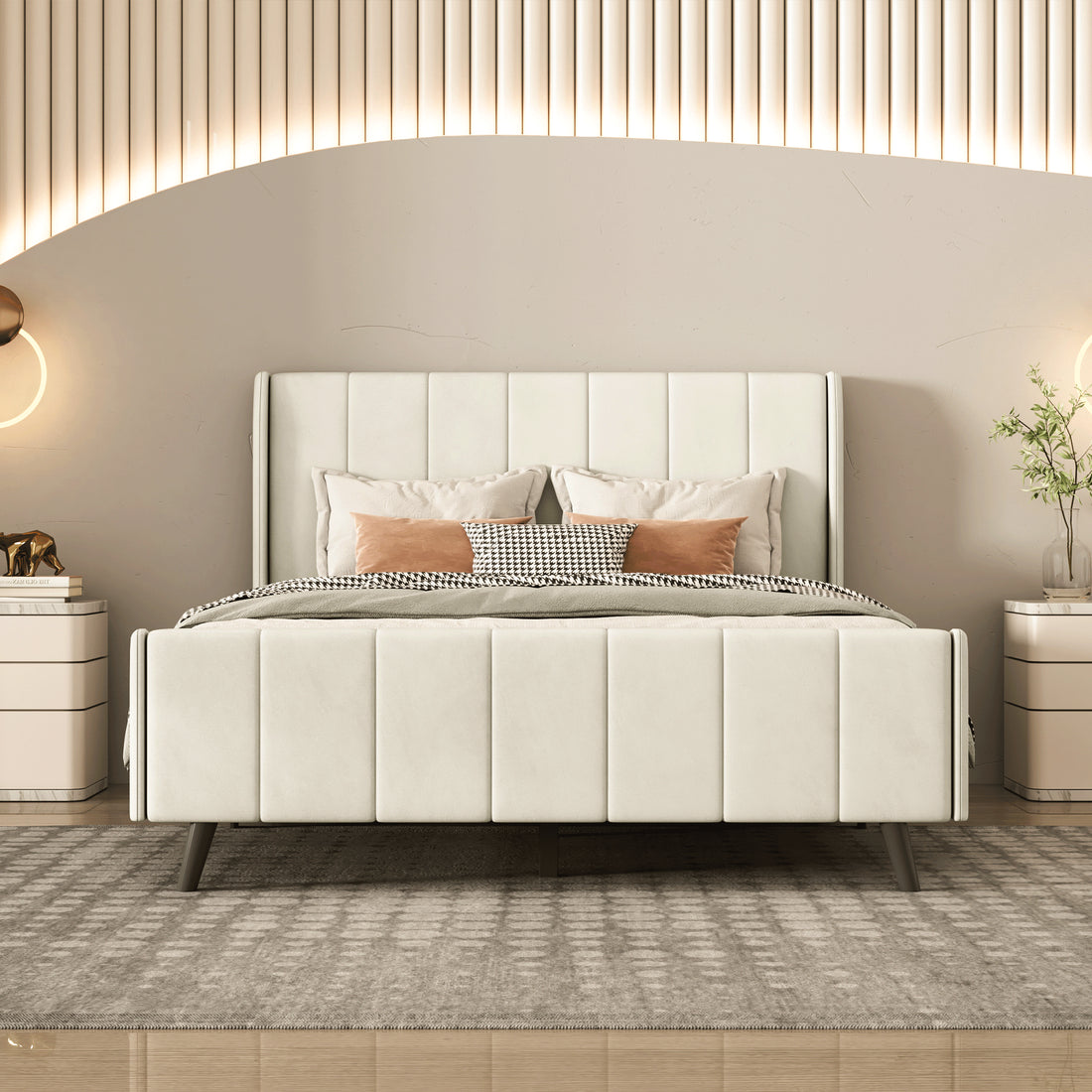 Full Size Upholstered Platform Bed, Velvet, Beige Beige Upholstered